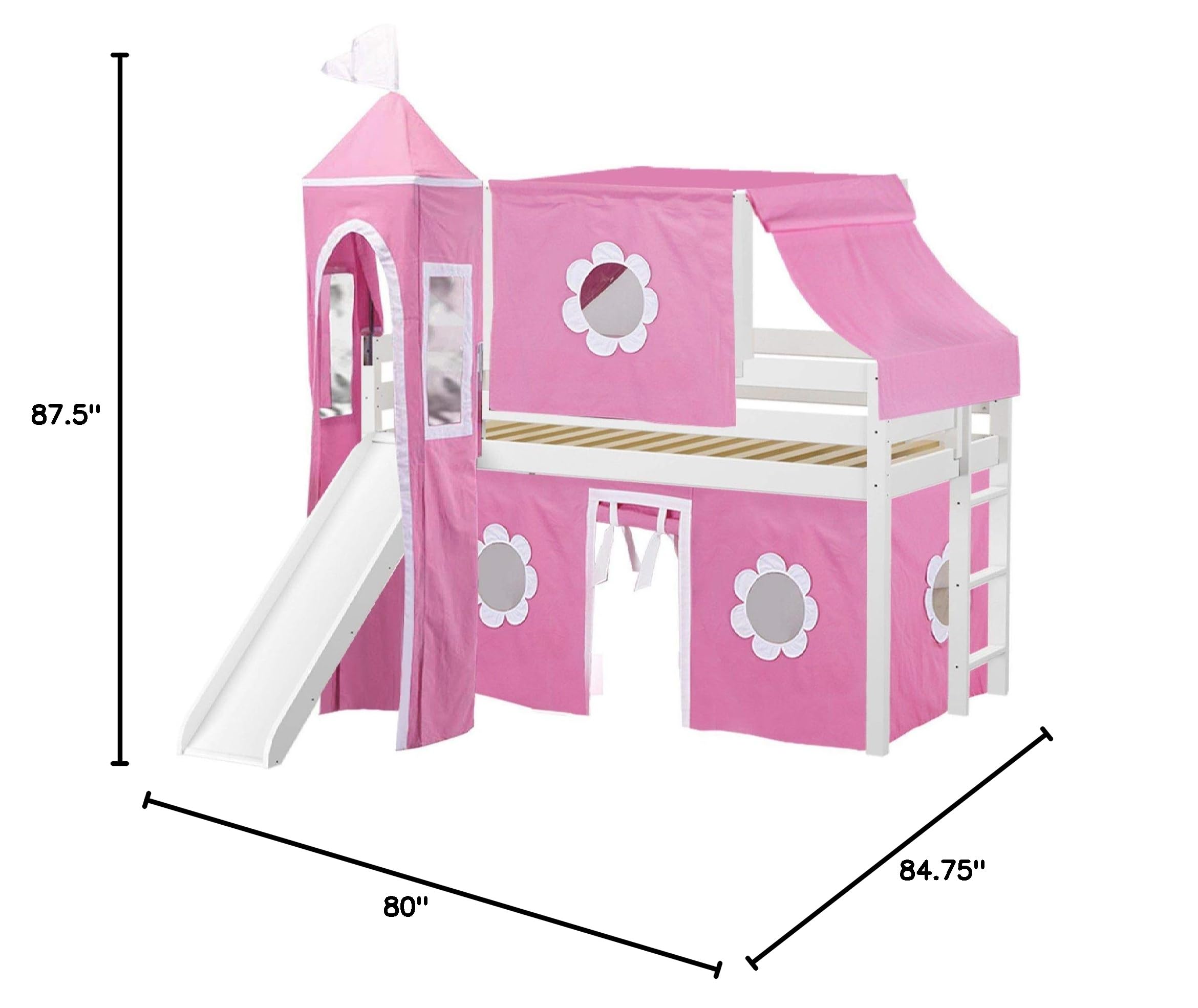 Princess Low Loft Bed with Slide - Pink & White Twin Size Tent & Tower Playhouse - Perfect for Kids' Bedroom & Playroom Decor