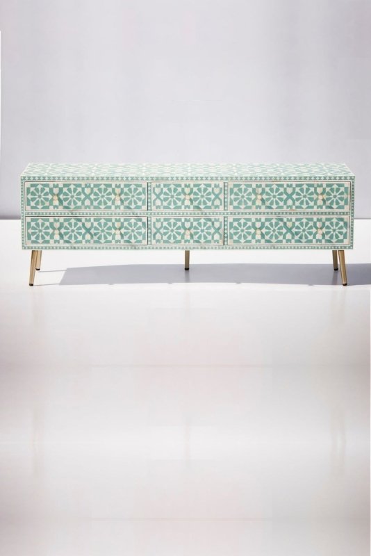 Luxury Moroccan Bone Inlay 6-Drawer Dresser in Emerald Green - Vintage Bedroom Storage Furniture for Master Bedroom & Guest Room Organization