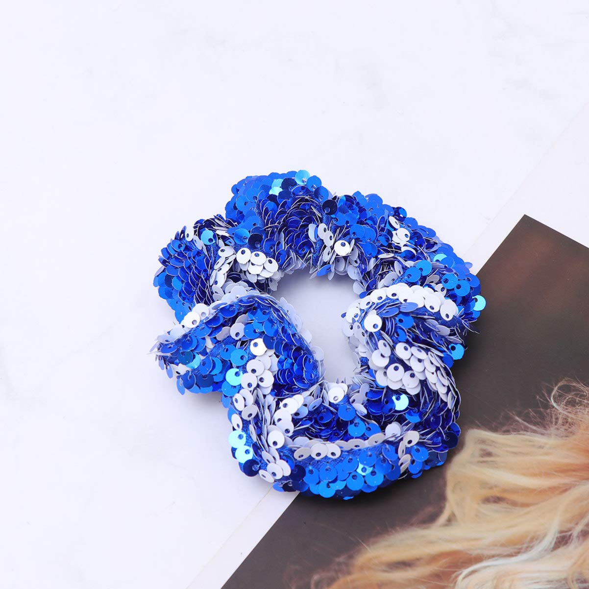 Sparkly Glitter Sequin Hair Scrunchies - Elastic Ponytail Holders & Hair Ties for Women & Girls (Blue) | Perfect for Parties, Weddings, and Everyday Hair Accessories