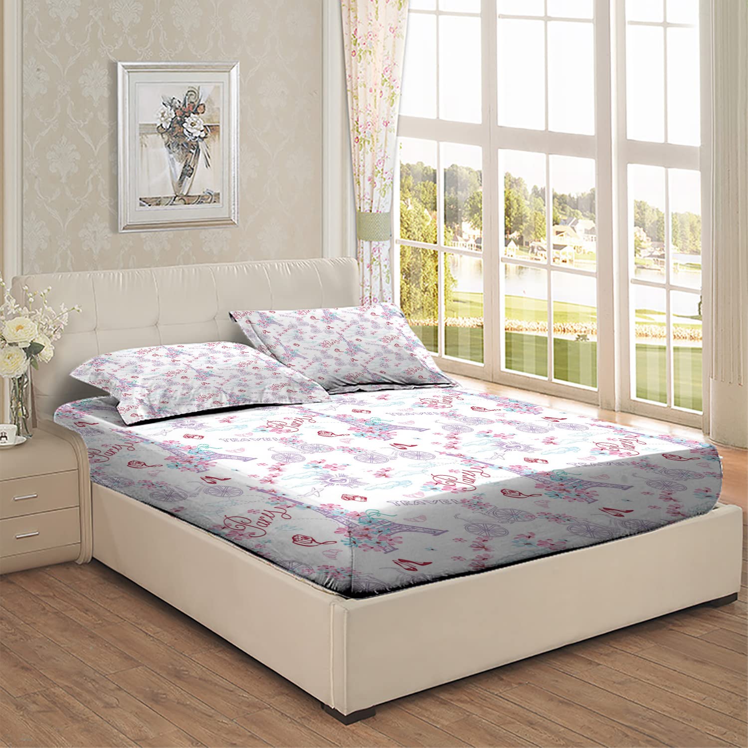 Romantic Eiffel Tower & Floral Printed Twin/Twin XL Fitted Sheet Set - Ultra Soft, Breathable 2-Piece Bedding Decor - Perfect Fit for Mattress (Pale Blue) | Ideal for Paris-Themed Bedrooms, Guest Rooms & Dorm Decorations