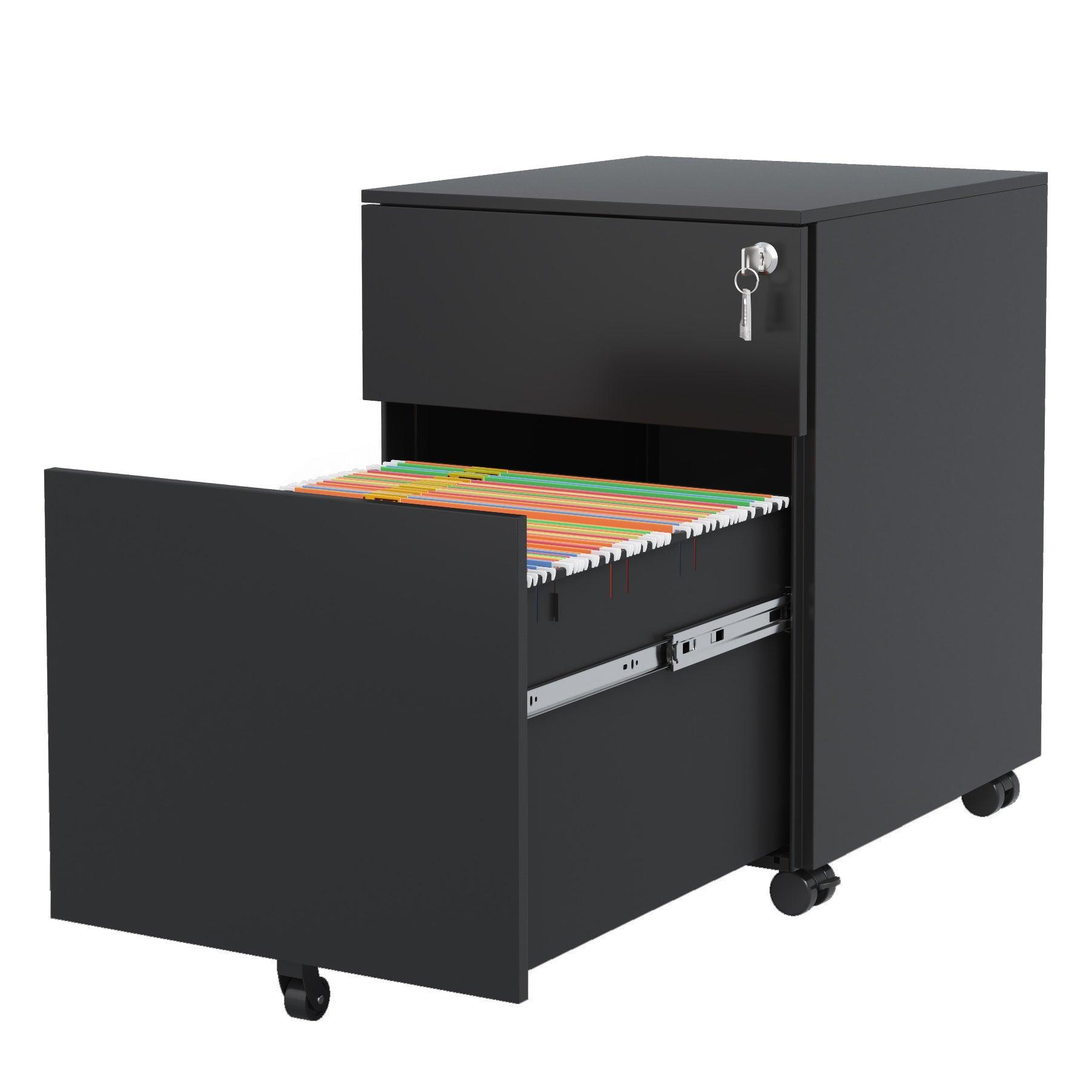 2-Drawer Locking Mobile File Cabinet - Steel Storage for Legal, Letter, A4 & F4 Documents - Fully Assembled (Wheels Attached) - Black Home & Office Organization Solution - Perfect for Workspaces, Study Rooms & Home Offices