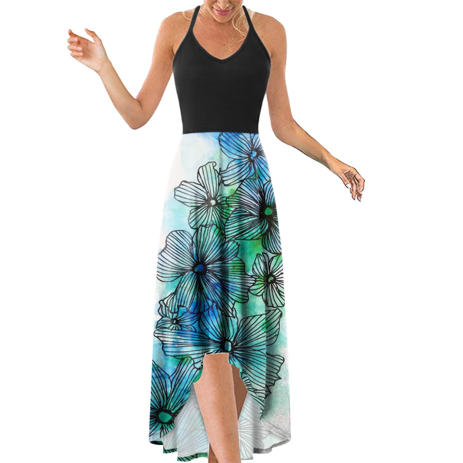 MAYW Women's Sexy Floral Print Sleeveless V-Neck Bohemian Summer Dress - Lightweight Cotton Beach Cover Up, Casual Sundress for Vacations, Date Nights & Outdoor Parties