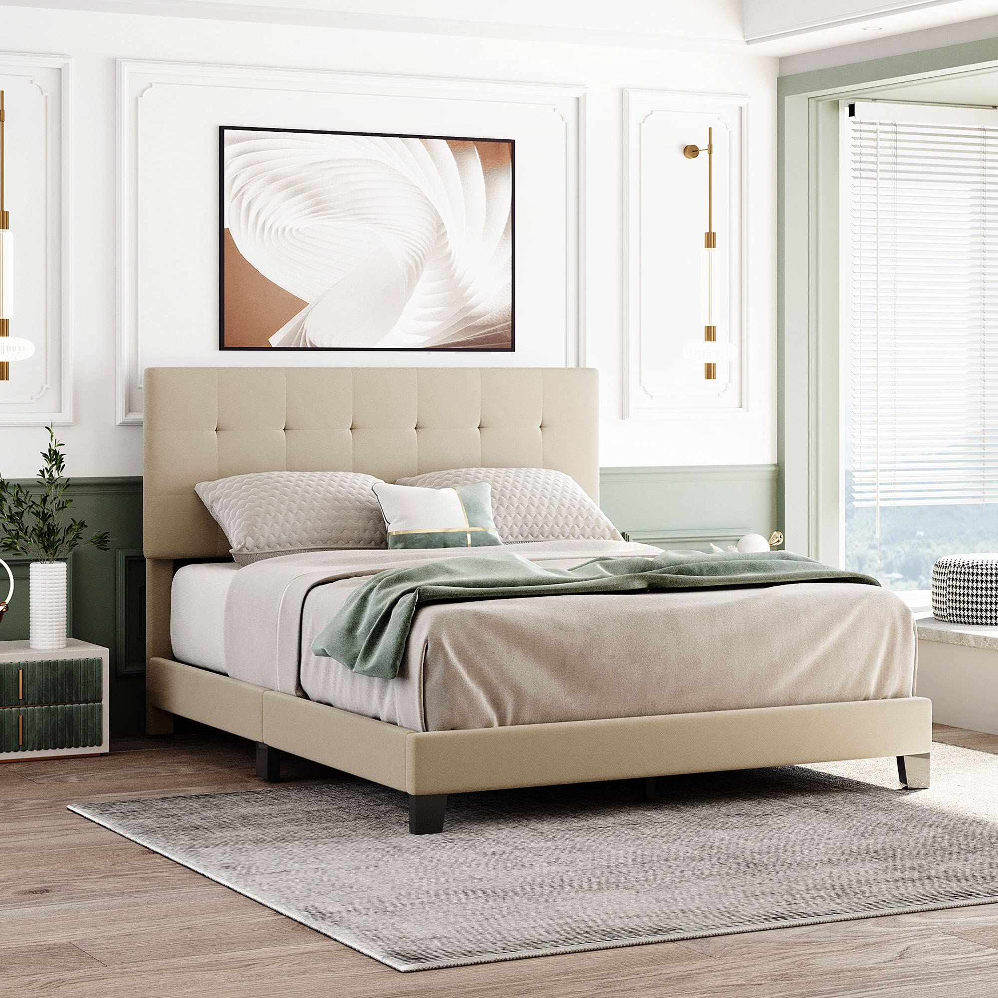 Queen Size Upholstered Platform Bed with Tufted Headboard - Modern Bed Frame with Wood Slat Support & Mattress Foundation, No Box Spring Needed, Easy Assembly (Beige) | Perfect for Master Bedrooms, Guest Rooms & Small Apartments