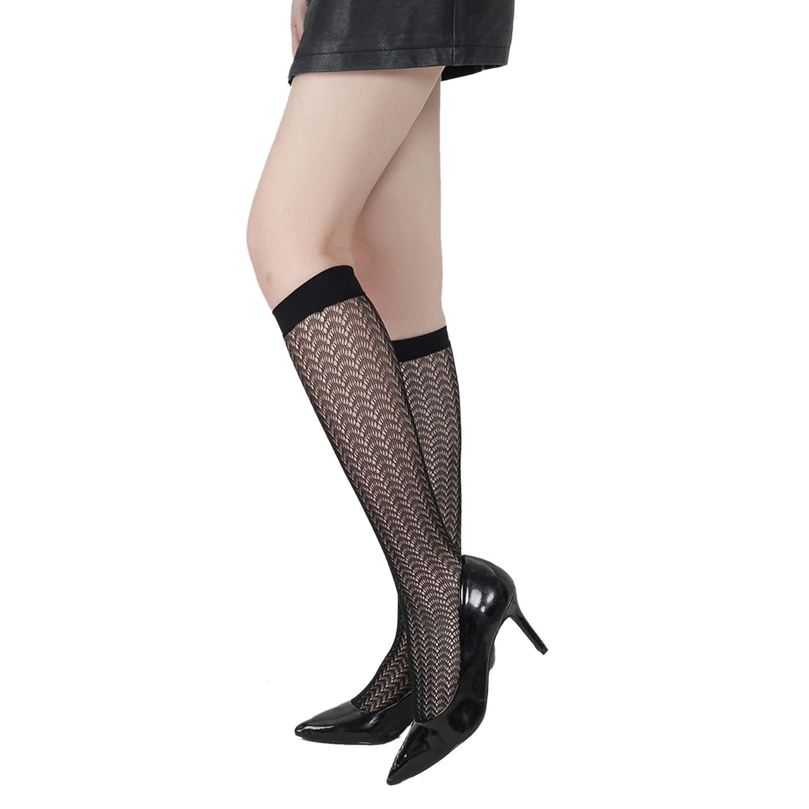 Vacger Women's High Compression Socks - Black Fishnet Lace Hollow Out Mesh Socks (Size N7) for Varicose Veins, Running, Nursing & Travel Comfort