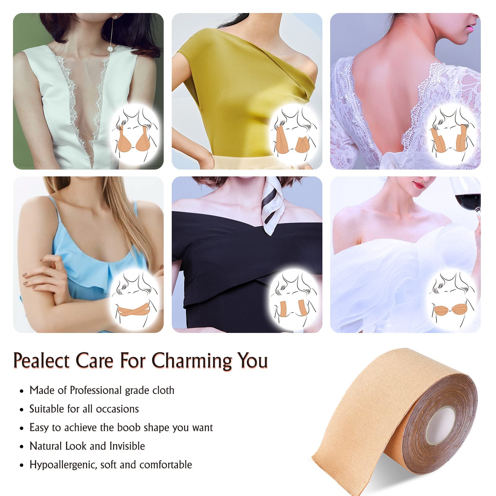 Boob Tape Breast Lift Tape - Adhesive Bra for A-E Cup with 1 Pair Reusable Silicone Nipple Covers & 40Pcs Clothing/Body Tape - Perfect for Backless Dresses, Swimwear & Special Occasions