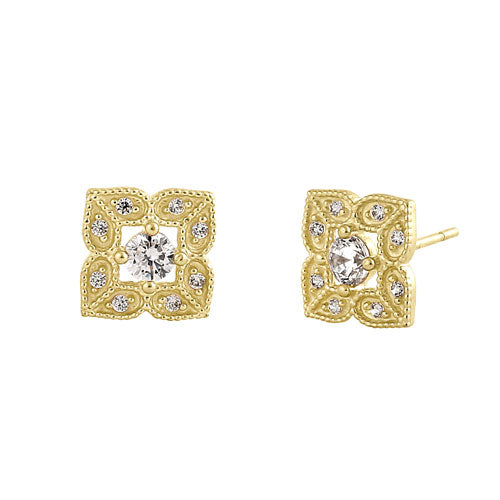14K Solid Yellow Gold Vintage Floral CZ Stud Earrings for Women - Elegant Gift for Anniversary, Birthday & Special Occasions