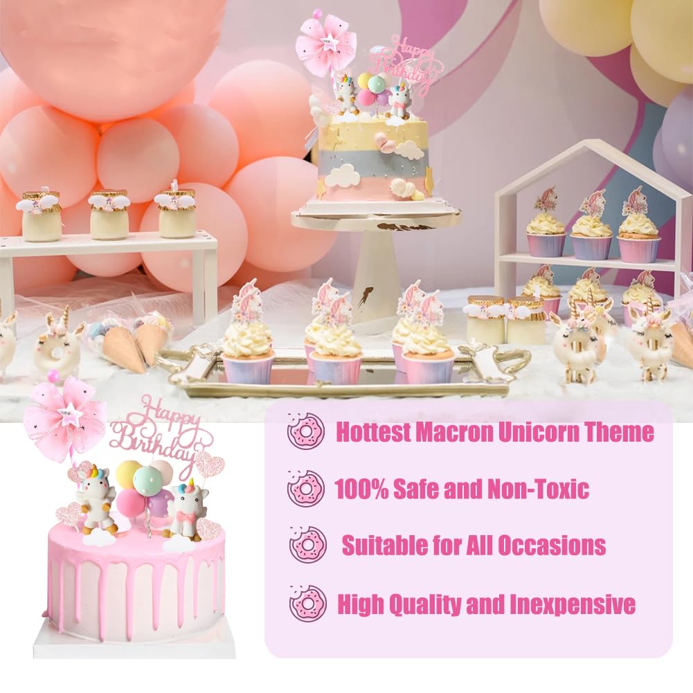 Unicorn Cake Topper - Rainbow Macaron Birthday Cake Decoration for Kids, Girls, Baby Shower Party | Happy Birthday Banner for Cakes, Cupcakes & Desserts