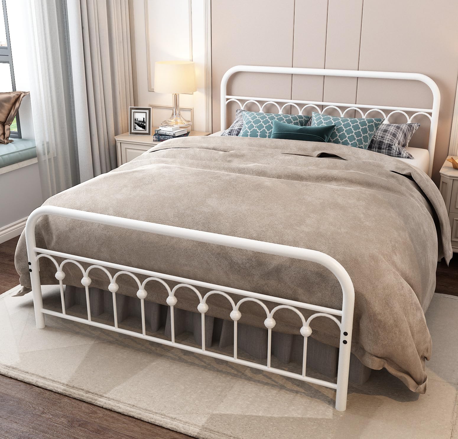 YALAXON Vintage Queen Size Metal Bed Frame with Headboard & Footboard - Heavy Duty Steel Platform Bed, No Box Spring Needed - Perfect for Bedroom, Guest Room & Dorm (Queen, White)