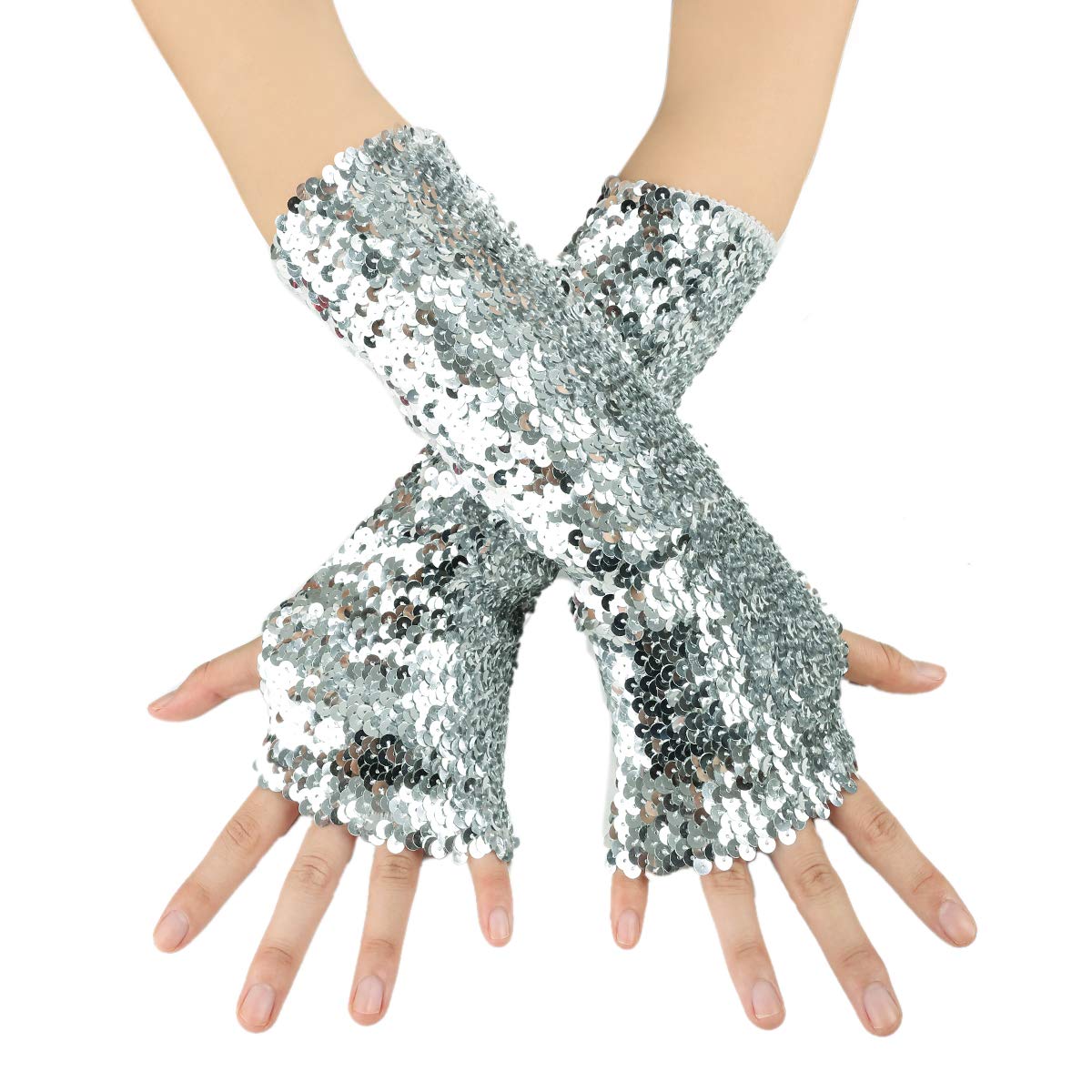 JISEN Shiny Sequins Arm Warmers - Stretchy Fingerless Gloves for Women, Fashionable Dance & Performance Accessories, Perfect for Cosplay, Rave Parties, and Winter Outfits