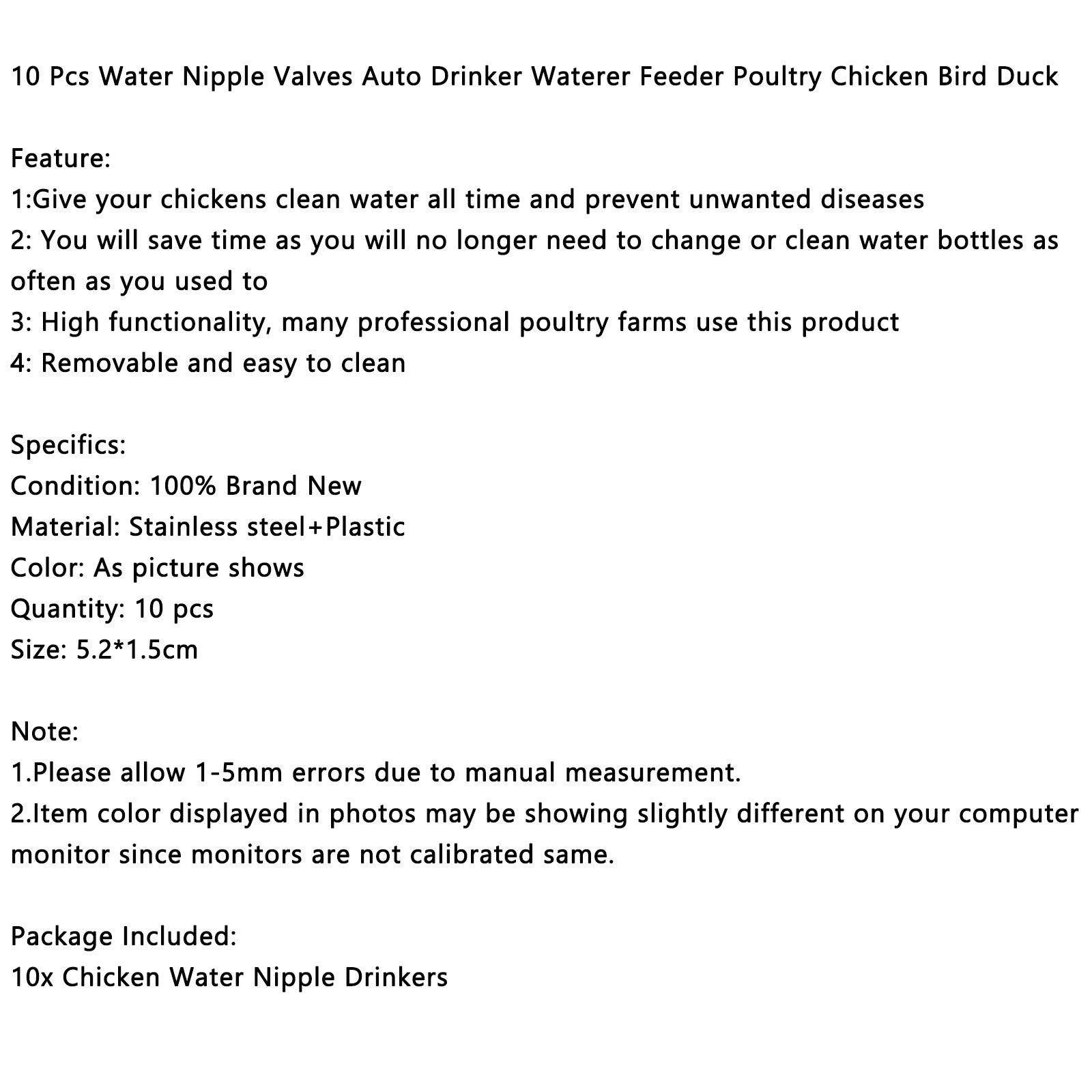 10 Pcs Automatic Poultry Water Nipple Valves - Chicken Duck Bird Drinker Waterer Feeder Kit for Coops & Farms (Durable & Leak-Proof) - Perfect for Backyard Flocks, Poultry Houses & DIY Watering Systems
