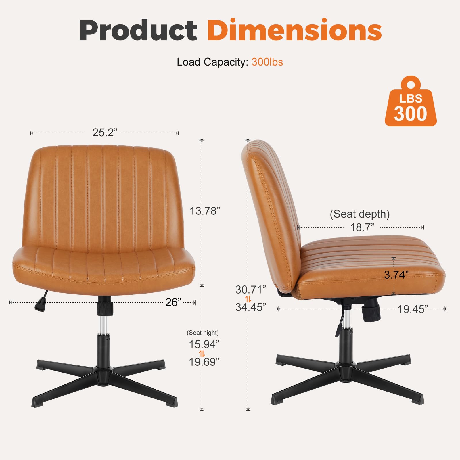 Sweetcrispy Cross Legged Office Chair - Armless Wide Desk Chair Without Wheels, Adjustable Swivel Home & Vanity Chair for Small Spaces | Perfect for Home Office, Study Room, Dormitory & Makeup Station