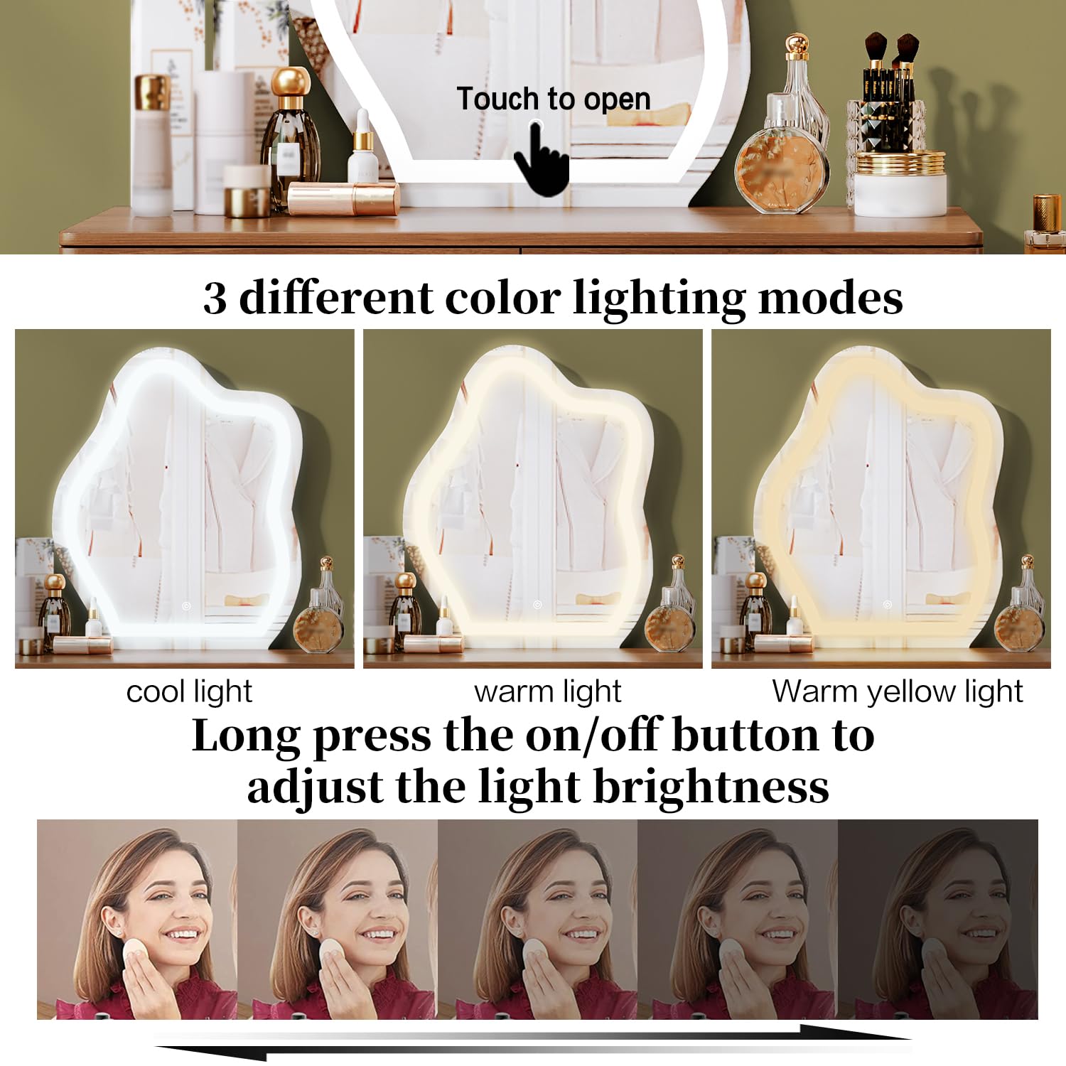 Brown Modern Corner Makeup Vanity Table with LED Lighted Mirror & 4 Spacious Drawers - Bedroom Dressing Desk with Nightstand, Minimalist Writing Desk for Women & Girls | Perfect for Small Spaces, Makeup Organization & Home Office Use