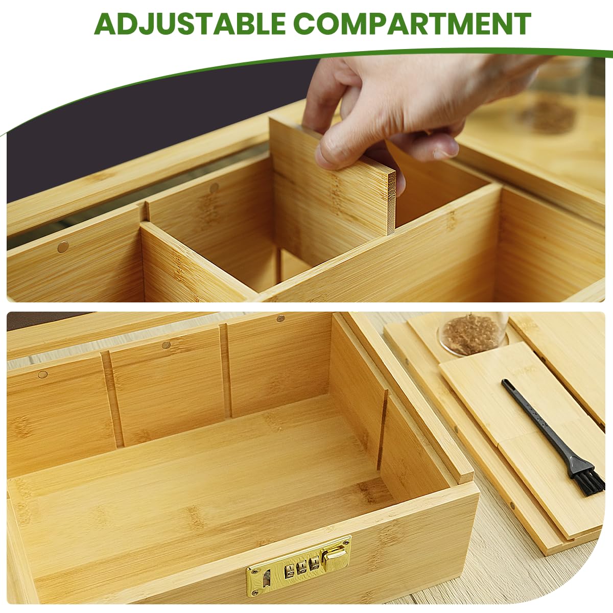 CODOGOY Large Bamboo Storage Box with Combination Lock - 11 x 8 x 5 Inches, Includes 3 Glass Jars & Brush - Perfect for Organizing Jewelry, Makeup, or Keepsakes at Home or Office