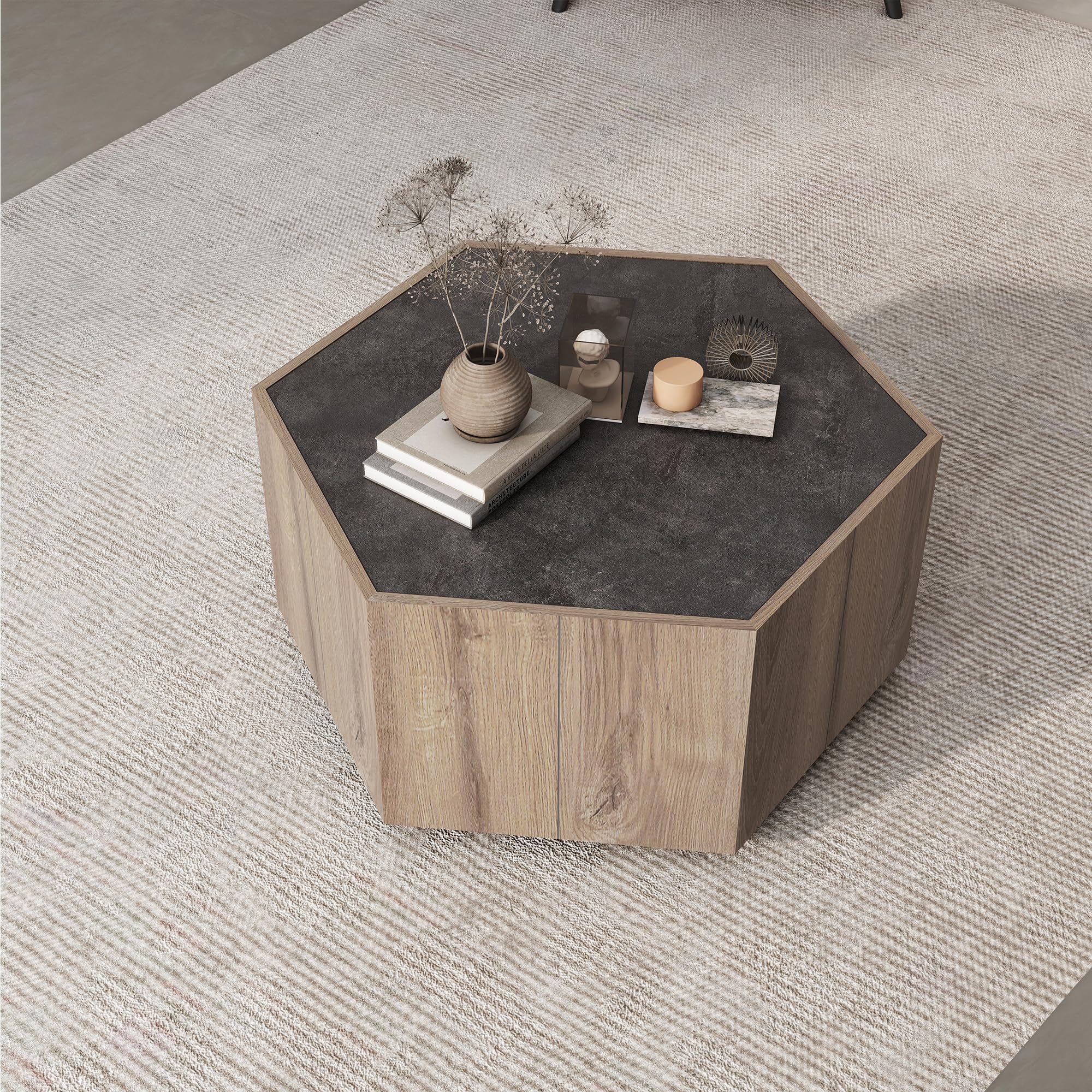 Yoglad Hexagonal Small Coffee Table Set of 2 with 4 Drawers - Modern Industrial Style Nesting Side Tables for Living Room & Bedroom - Textured Black & Warm Oak Finish - Perfect for Small Spaces, Apartments and Cozy Home Decor