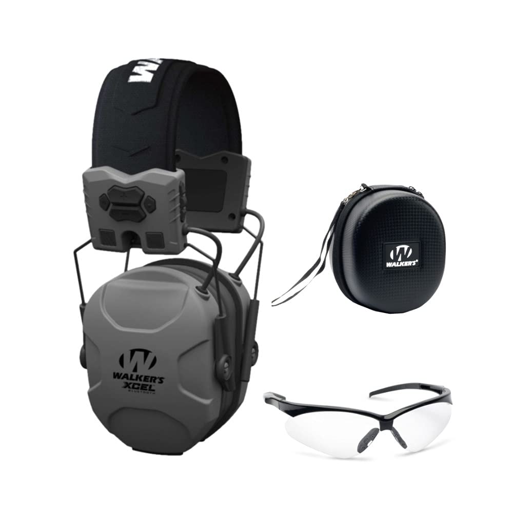 Walkers XCEL 500BT Digital Electronic Hearing Protection with Bluetooth & Voice Clarity - Shooting Earmuffs, Safety Glasses & Carrying Case Bundle (3-Piece Set) for Hunting, Range Shooting & Outdoor Sports