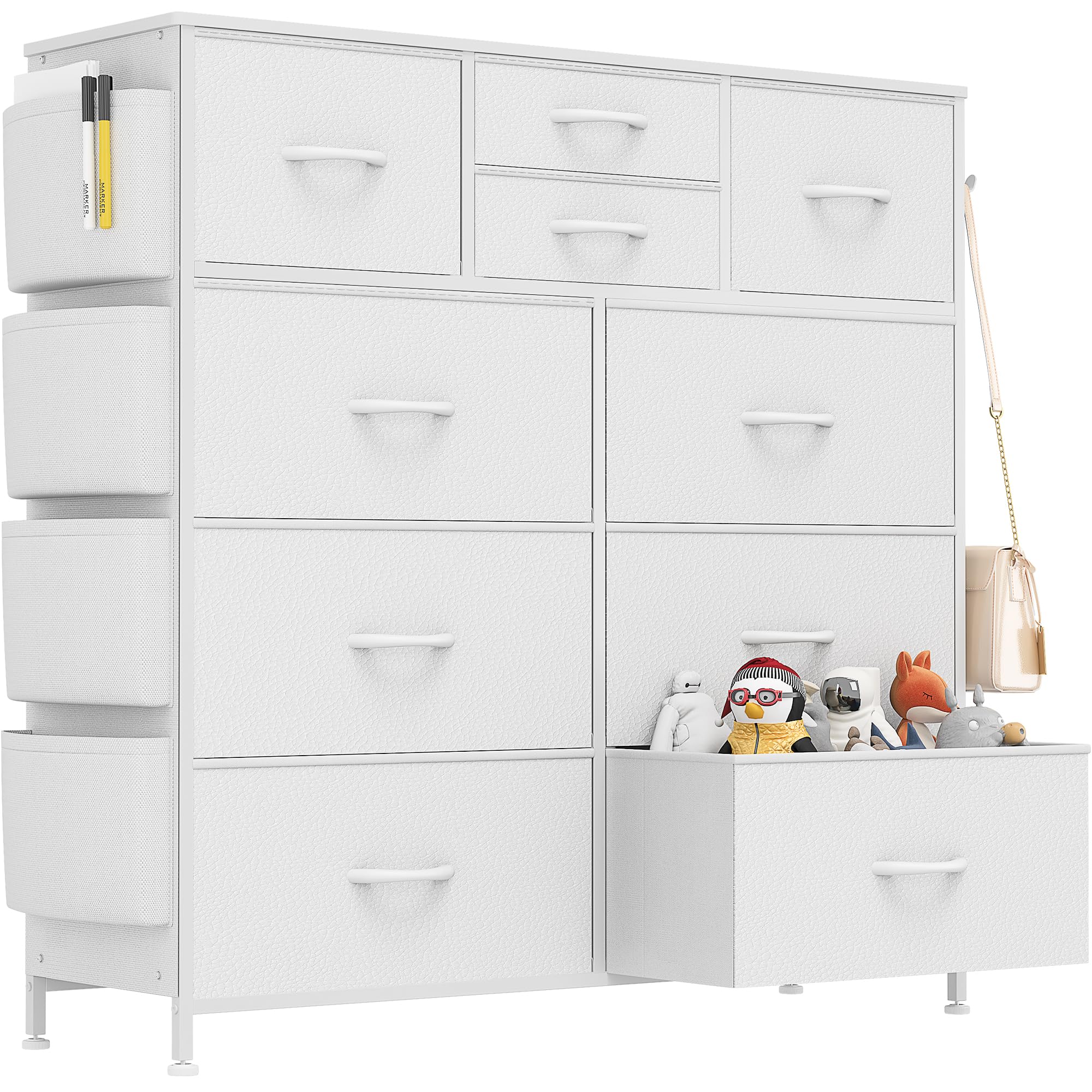 Lulive 10-Drawer White Dresser for Bedroom - PU Storage Chest with Side Pockets & Hooks, Organizer Unit for Living Room, Hallway & Closet - Perfect for Small Space Organization & Home Decor (White)