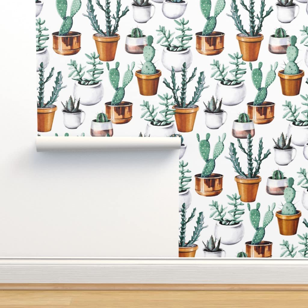 Peel & Stick Removable Wallpaper - 9ft x 2ft Cactus & Tropical Greenery Watercolor Design | Self-Adhesive Wall Decor for Bedroom, Living Room, Nursery & Office | Easy DIY Home Decor by Spoonflower