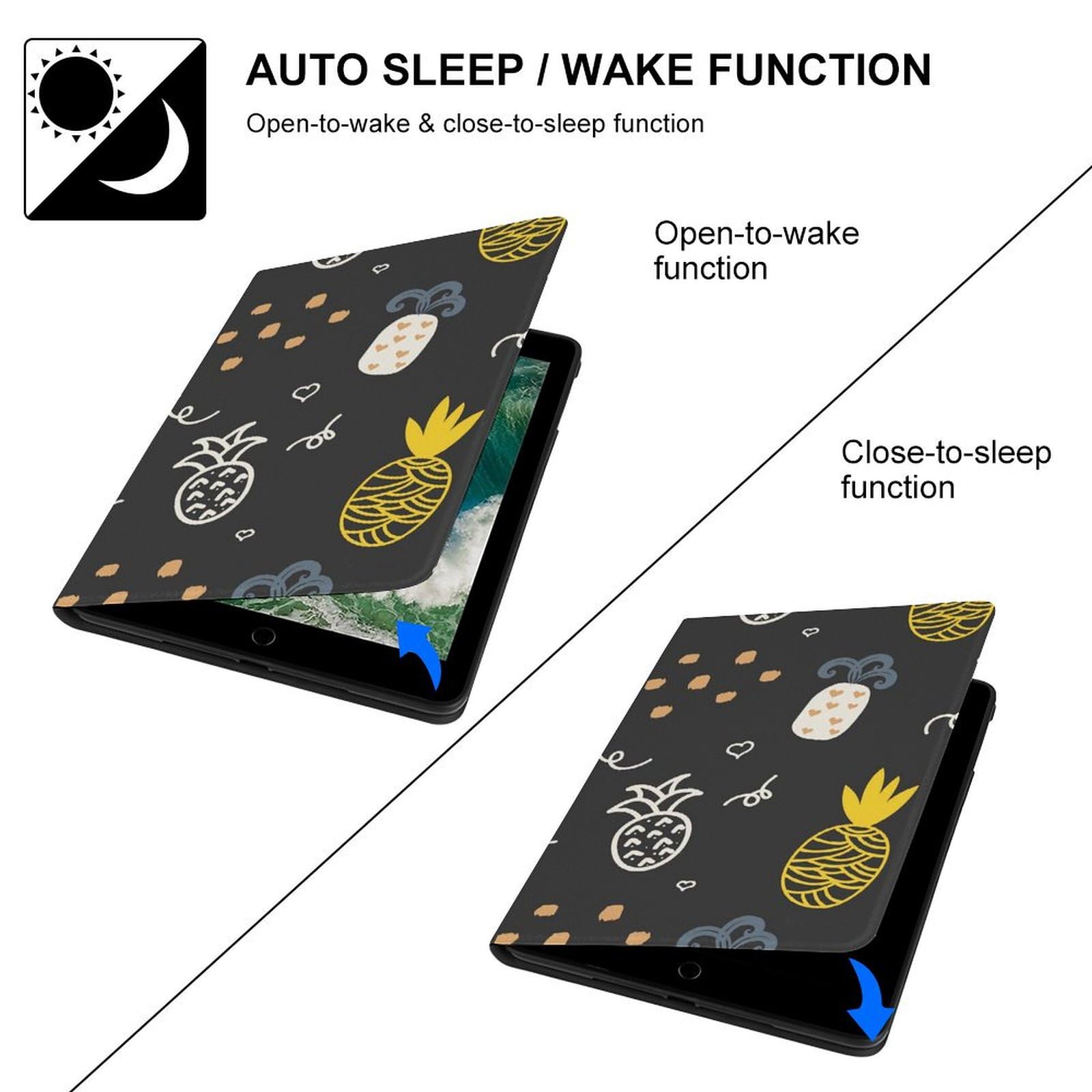 Pineapple Pattern Slim Shockproof Waterproof Protective Case Cover with Stand for iPad 2017/2018/Air 1/Air 2 (9.7 Inch) - Perfect for Travel, Office & Home Use