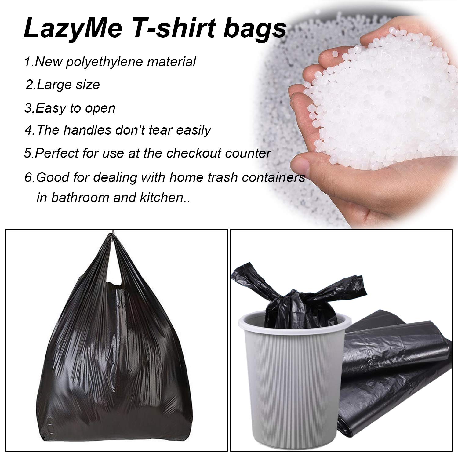 LazyMe Black Plastic T-Shirt Bags with Handles - 12x20 Inch (100 Pack) - Durable Grocery & Retail Shopping Bags for Stores, Markets & Businesses - Perfect for Convenient Shopping, Packaging & Merchandise Display
