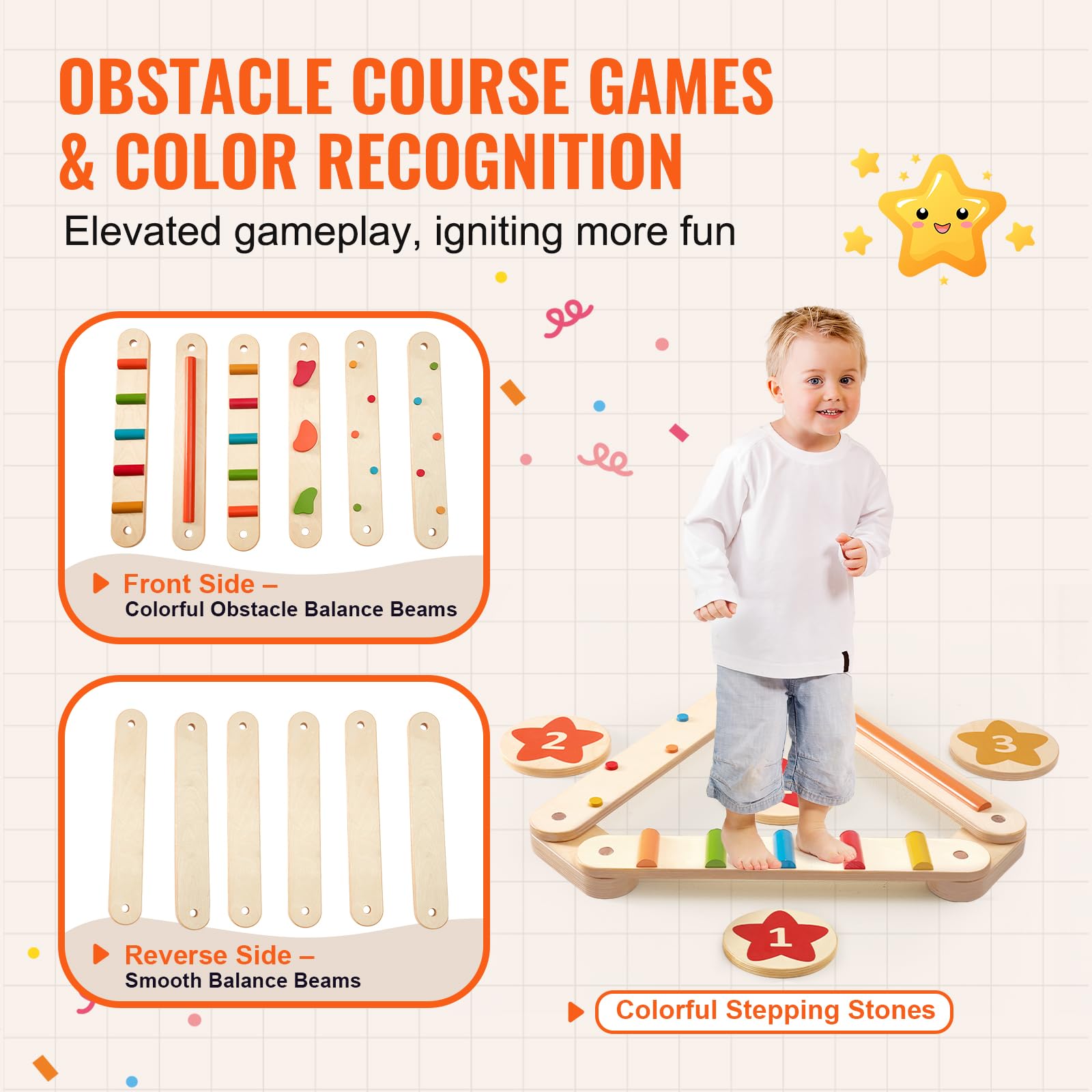 VEVOR Wooden Balance Beam Stepping Stones - 6 PCS Montessori Toys for Toddlers Age 2-6 | Improve Coordination & Gross Motor Skills | Indoor/Outdoor Gymnastics Obstacle Course for Boys & Girls | Perfect for Playrooms, Backyards & Preschool Activities