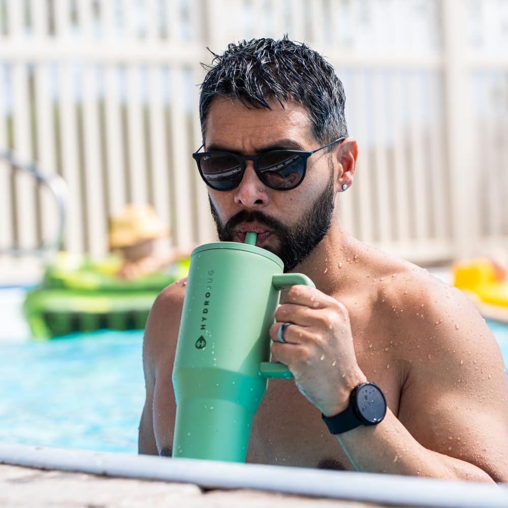 HydroJug Traveler - 32 oz Insulated Stainless Steel Water Bottle with Handle & Flip Straw - Leak Proof, Fits in Cup Holder - Reusable Travel Tumbler with Rubber Base - Perfect Gift for Women & Men (Sage Green) - Ideal for Gym, Hiking, Office & Outdoor Activities