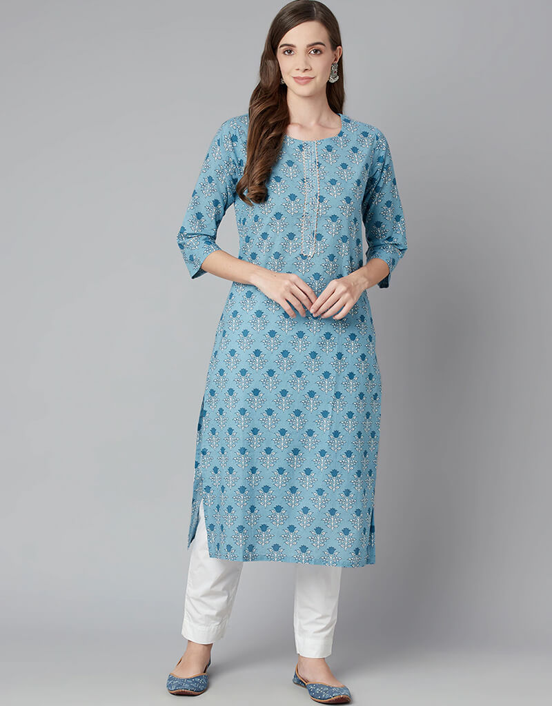 Blue Cotton Straight Kurti for Women - Comfortable & Stylish Indian Tunic Top for Casual Wear, Office & Festive Occasions