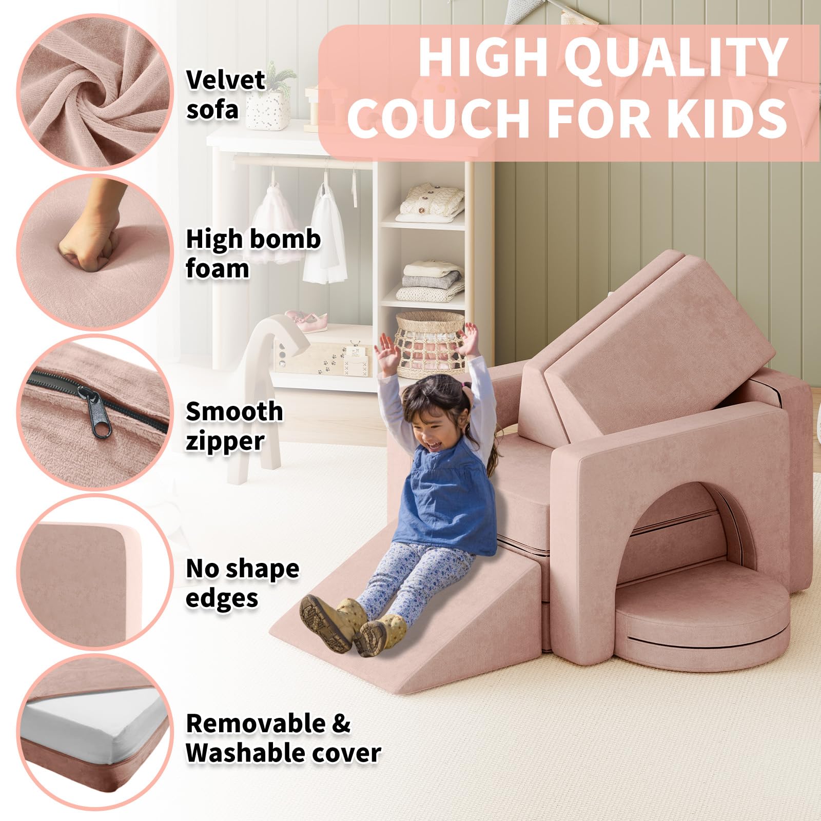 10PCS Modular Kids Play Couch with Climbing Slope - 10-in-1 Convertible Toddler Sofa for Play, Creativity & Nap Time - Soft Indoor Children's Furniture for Boys & Girls (Pink) - Perfect for Playrooms, Bedrooms & Daycare Centers