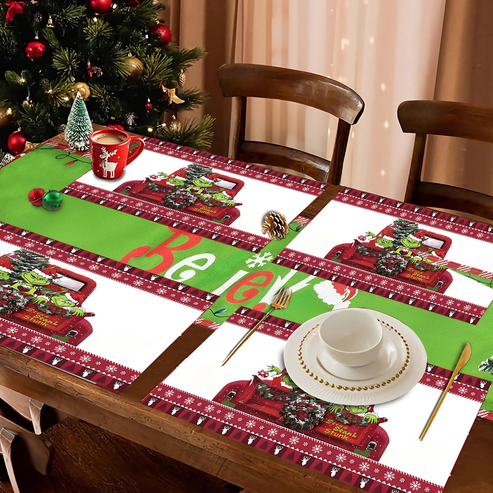 Christmas Table Runner and 4-Piece Placemats Set - 13x72 Inch Believe Themed Holiday Decor with 12x18 Inch Green Elf Placemats - Perfect for Festive Dining Table, Kitchen Decorations, Holiday Parties & Christmas Home Decor (Green)