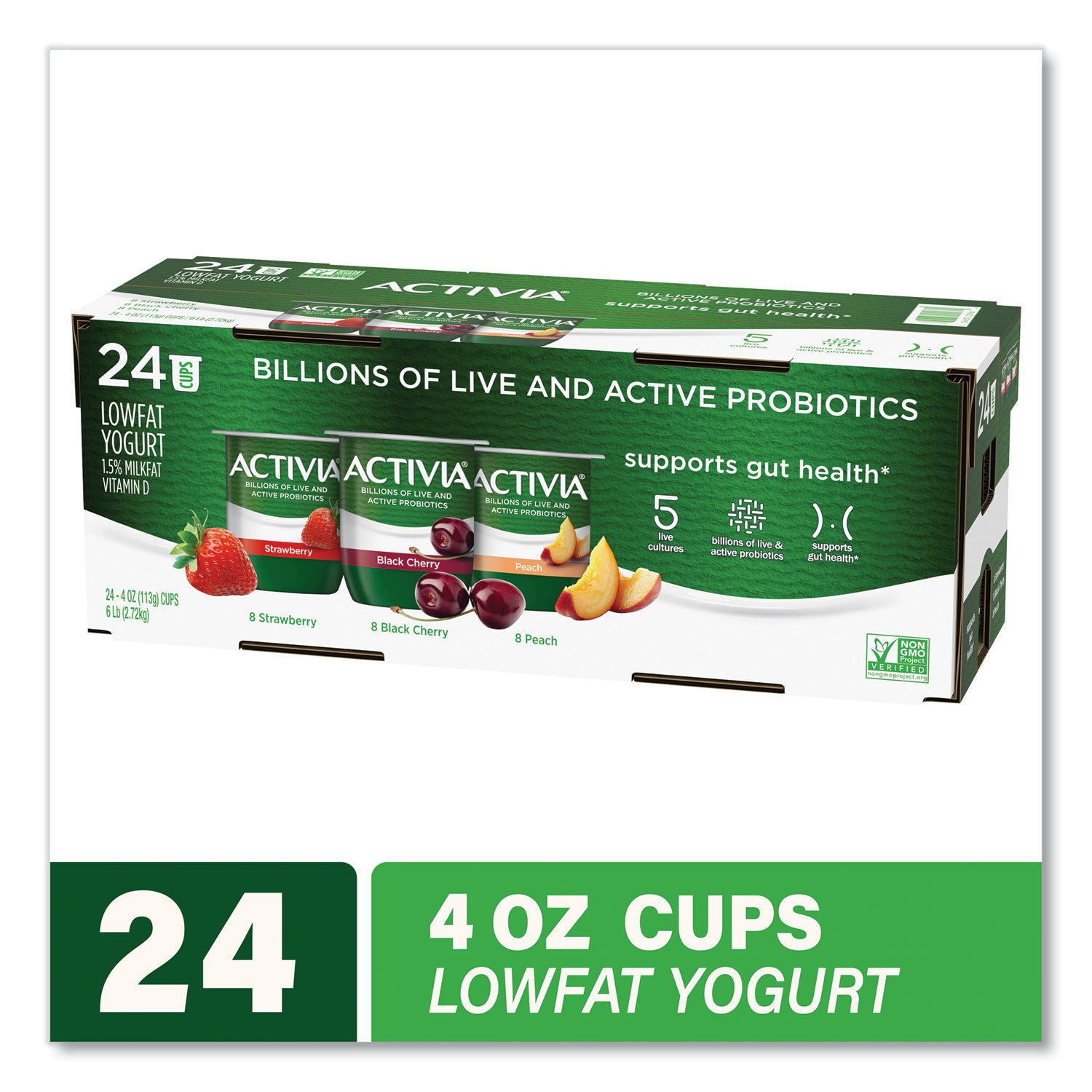 Activia® Probiotic Lowfat Yogurt Cups - 4 oz, Black Cherry, Peach & Strawberry Flavors, Pack of 24 | Healthy Breakfast, Snack & Smoothie Ingredient