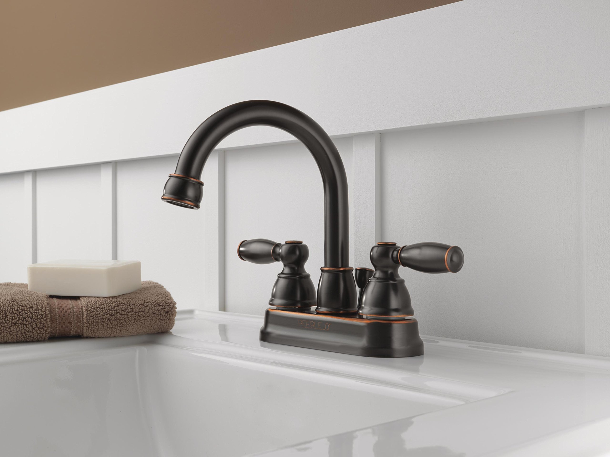 DELTA FAUCET Peerless Claymore Centerset Bathroom Sink Faucet - Oil Rubbed Bronze Finish, 2-Handle Design with Pop-Up Drain Assembly (Model P299685LF-OB) - Perfect for Modern Bathroom Vanities and Powder Rooms