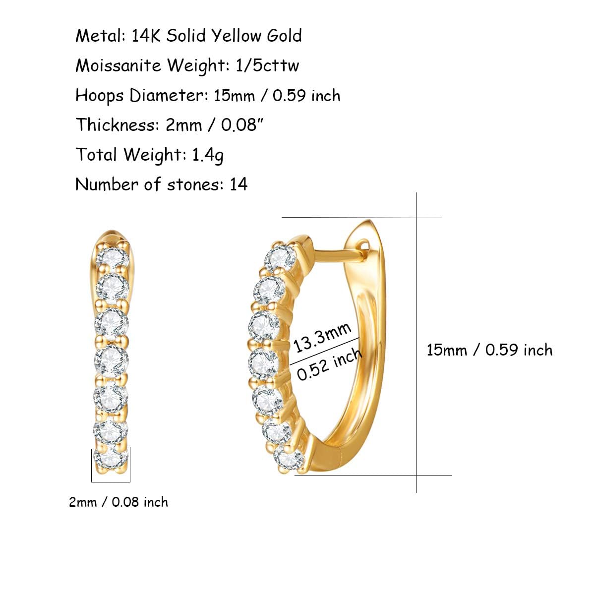 14K Solid Gold 1/5cttw Diamond Hoop Earrings for Women - Tiny 15mm Dainty Huggie Hinged Hoops (I-J Color, SI1-SI2 Clarity) | Elegant Christmas Gift & Everyday Jewelry for Work, Parties & Special Occasions
