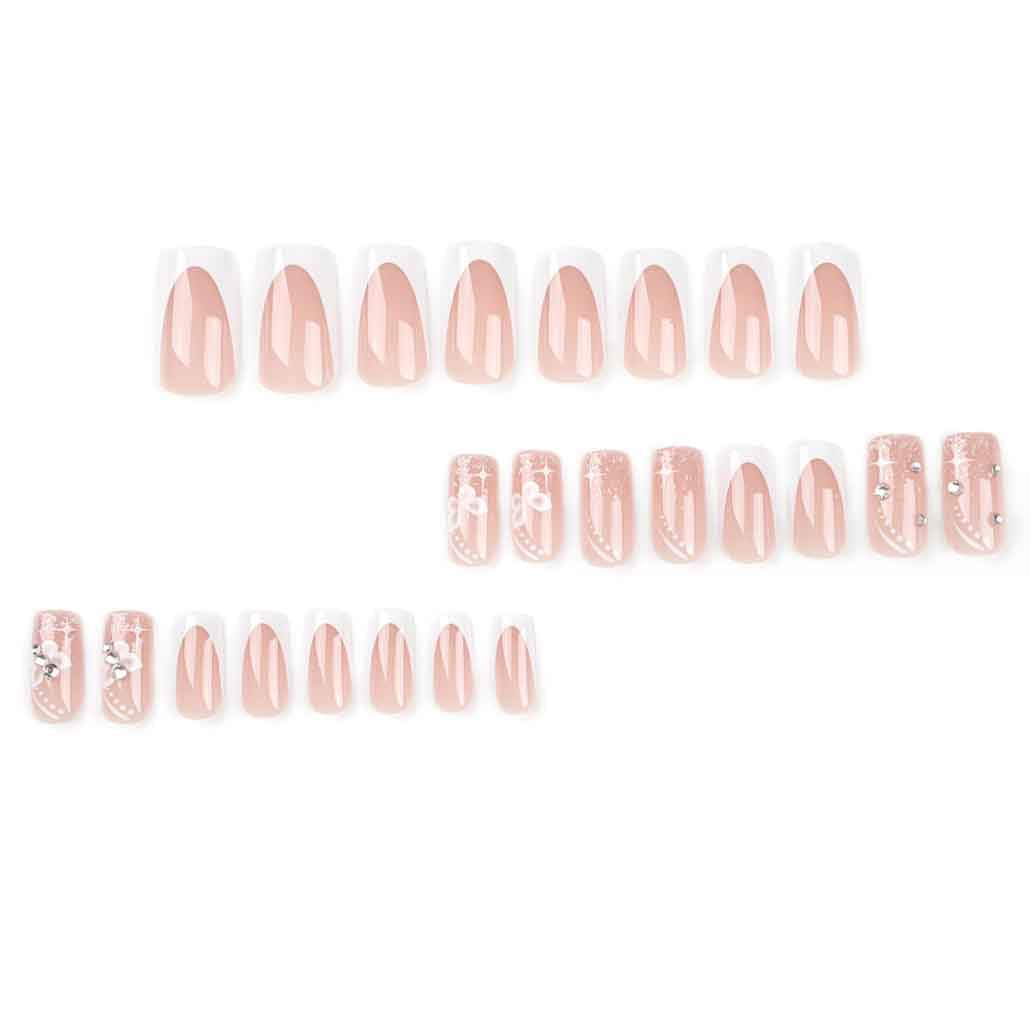 24PCS Long Press On Nails - Nude Square Clear Acrylic False Nails with French Tip & Bling Rhinestone Butterfly Design - Perfect for Parties, Weddings & Special Occasions