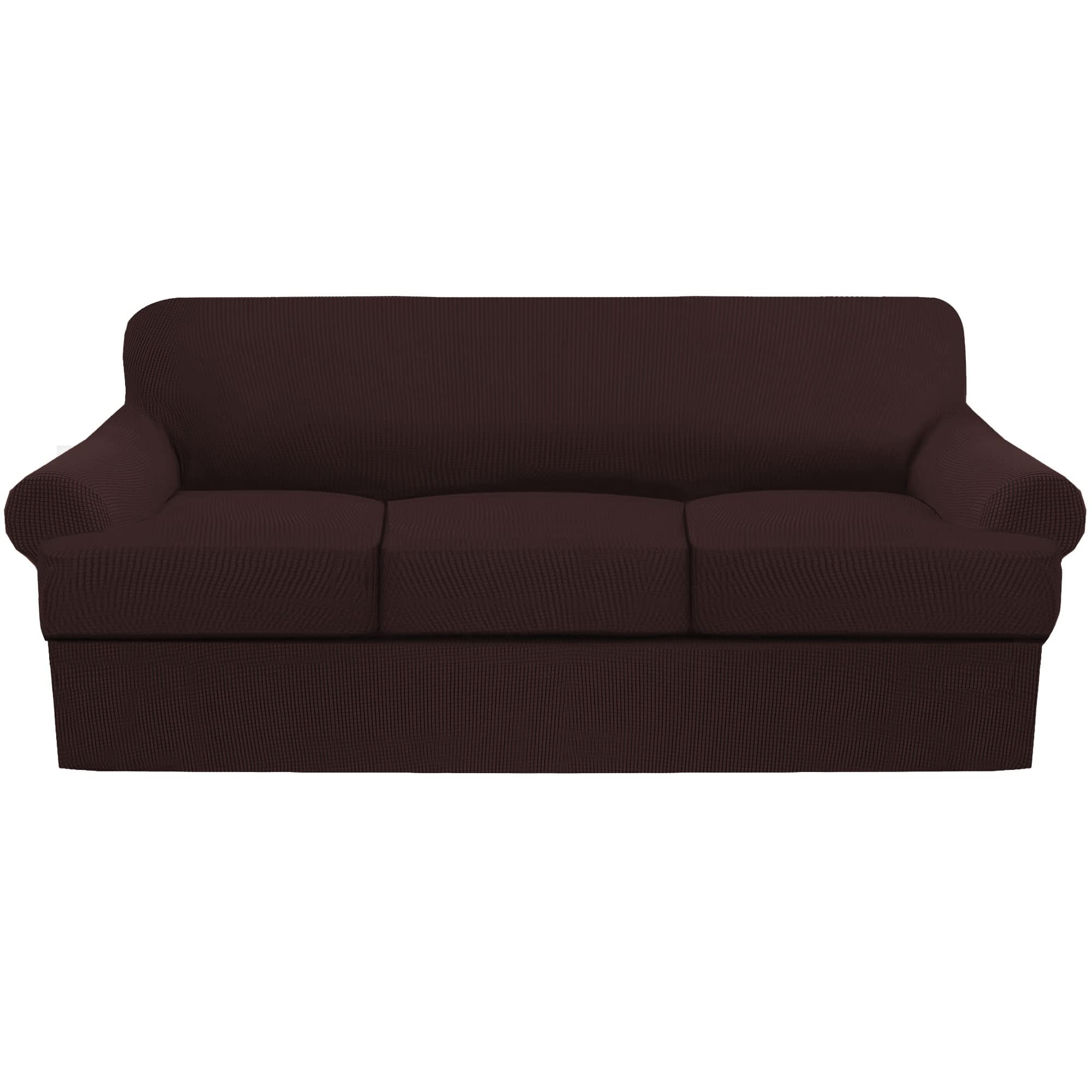 4-Piece Stretch Sofa Slipcover Set for T-Cushion Couches - Soft Furniture Protector with 3 Individual T-Cushion Seat Covers (Brown) - Perfect for Living Room, Family Room & Home Decor
