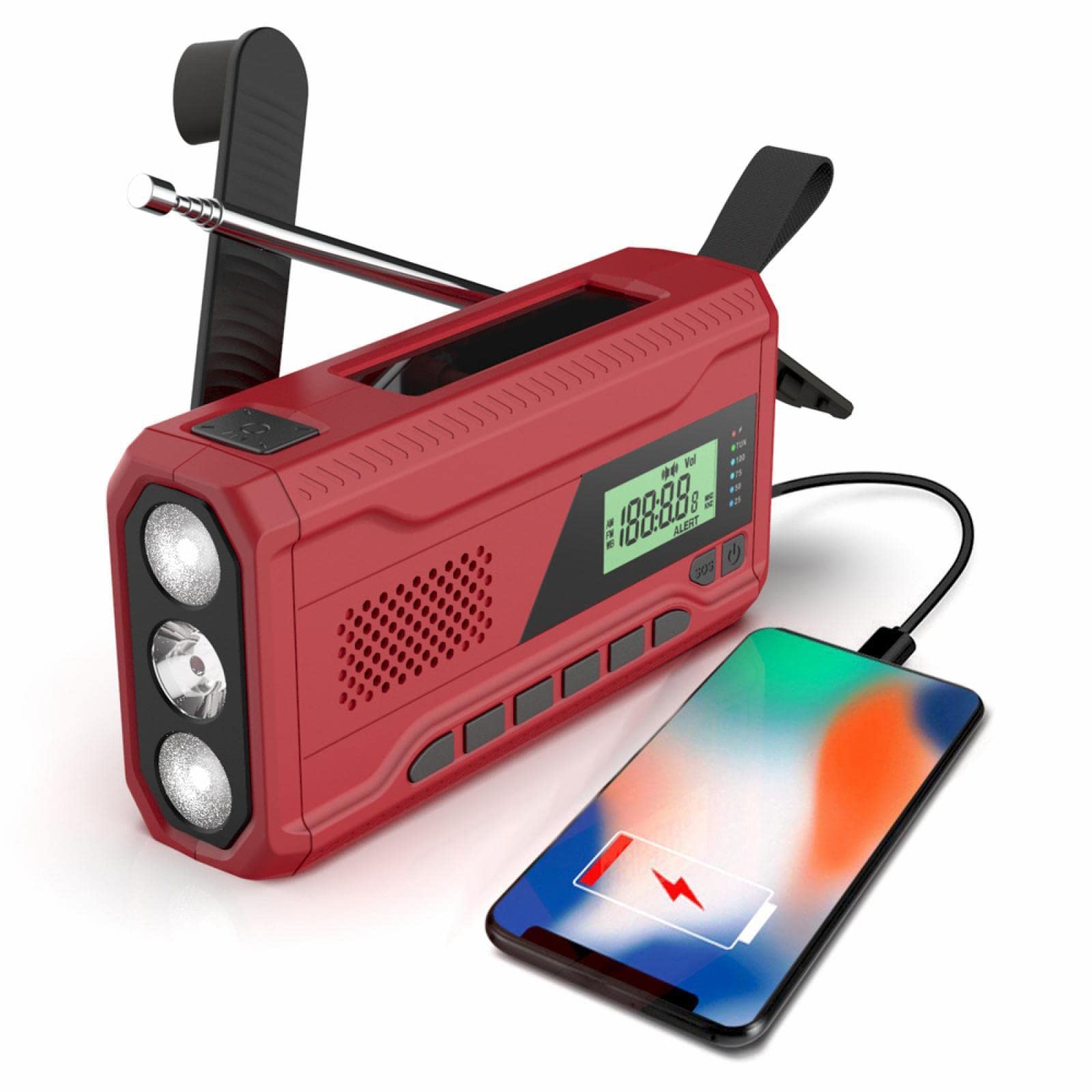 Portable Solar Hand Crank Emergency Radio - AM/FM/DAB Digital Radio with USB Rechargeable Battery, Flashlight & Weather Alert - Perfect for Outdoor Camping, Hiking & Emergency Preparedness (Red)