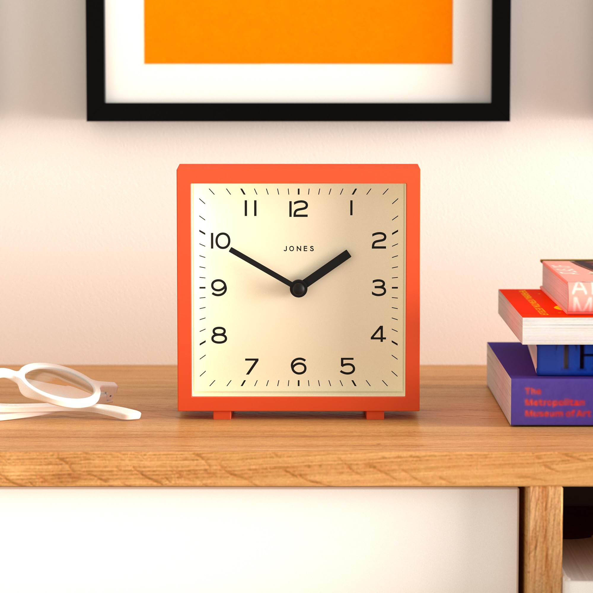 JONES CLOCKS® 'Disco' Desk Clock - Modern Square Orange Alarm Clock with Clear Numbers, Perfect for Office Desk, Bedroom Nightstand, Living Room Shelf & Home Decor