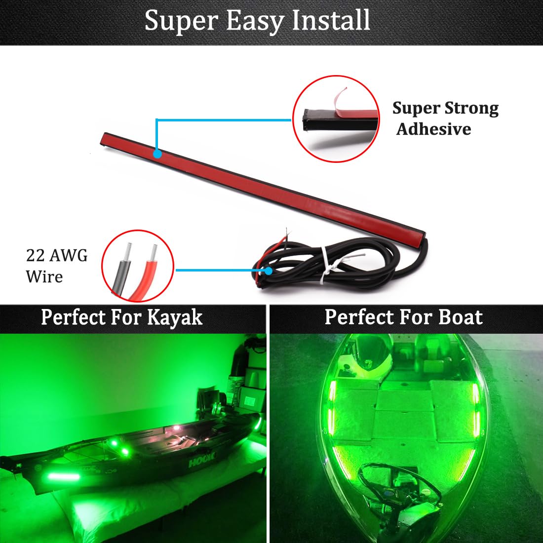 Green LED Boat Lights for Night Fishing & Deck - Marine Strip & Flood Lights