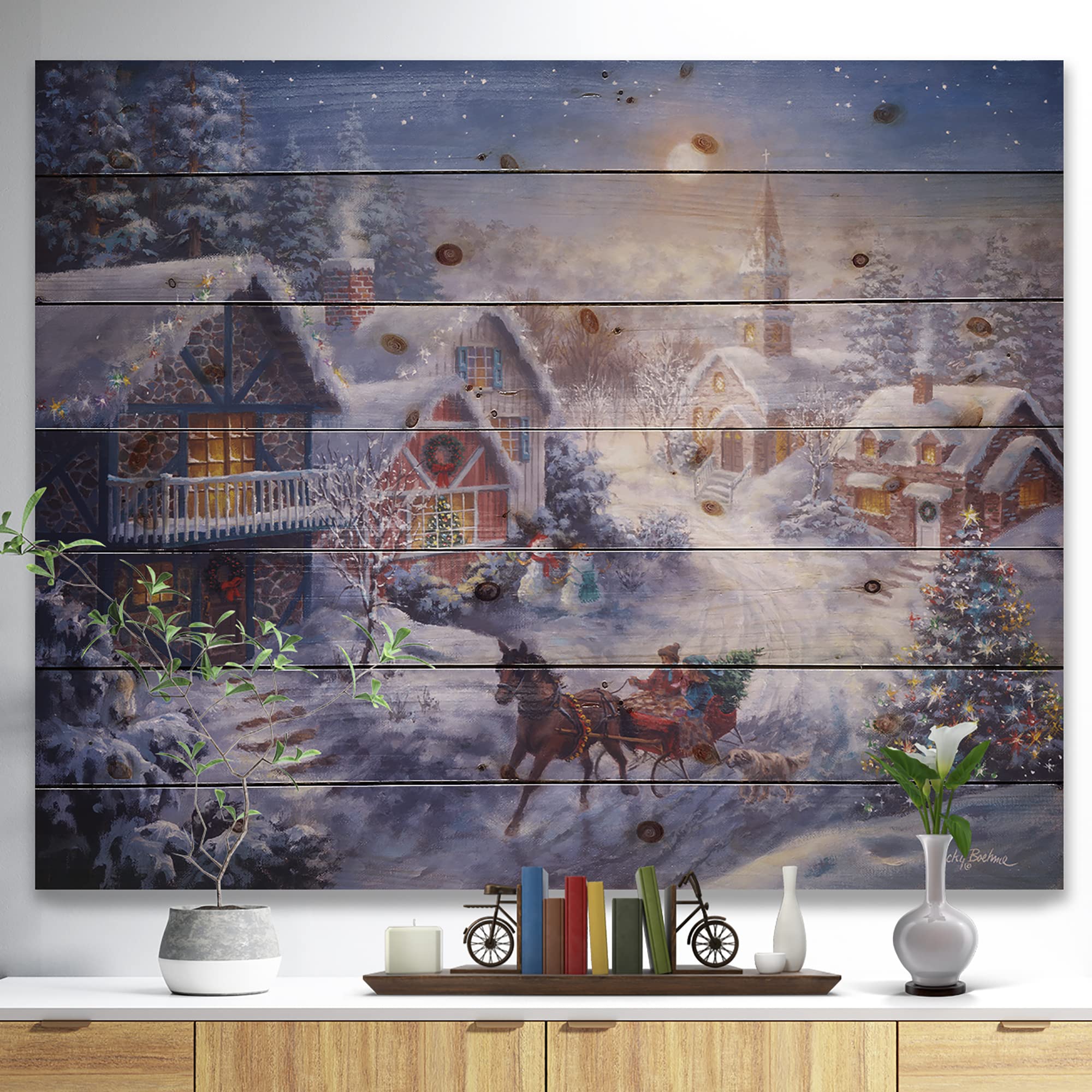 Full Moon Christmas Wood Wall Decor - Traditional Sleigh & Church Scene - Perfect for Holiday Home Decor