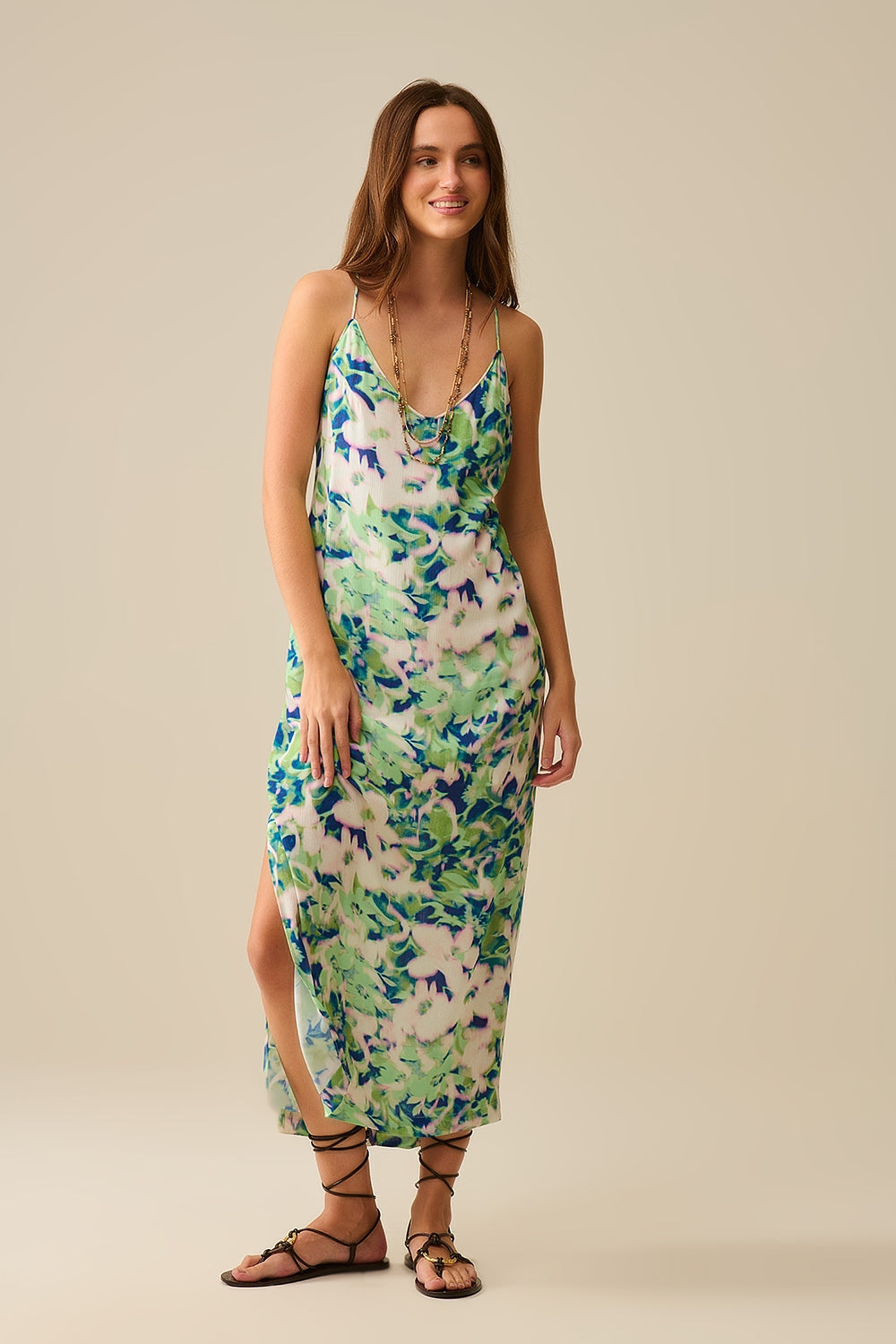 Floral Print Long Green Dress with Deep Back Cutout - Perfect for Summer Parties, Beach Vacations & Date Nights