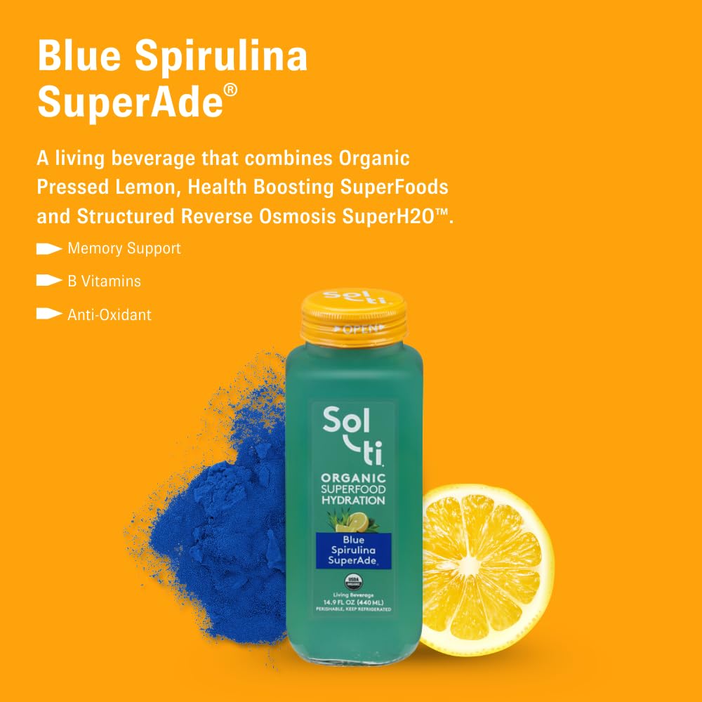 Organic SuperAde Hydration Drink with Cold-Pressed Blue Spirulina & Lemon Juice - Boosts Memory & Energy | SuperFood Lemonade by Sol-ti | 16 Pack (14.9 Fl Oz) | Perfect for Workouts, Yoga & Post-Workout Recovery