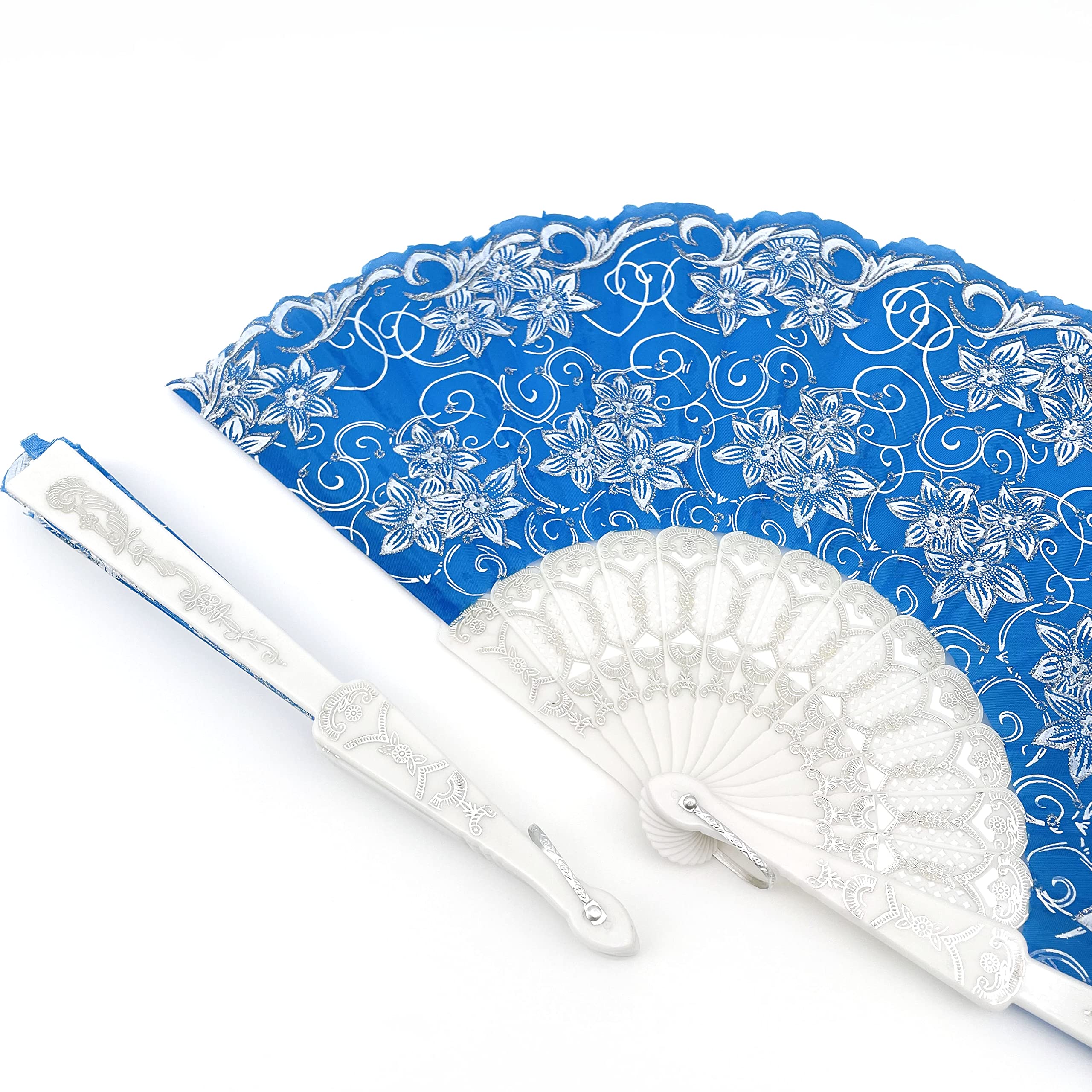 12 Pack Glitter Floral Folding Hand Fans - Blue Silver Wedding Party Decorations, Summer Dance Fans, Table Settings & Wall Decor for Bridal Showers, Birthday Parties & Home Decor