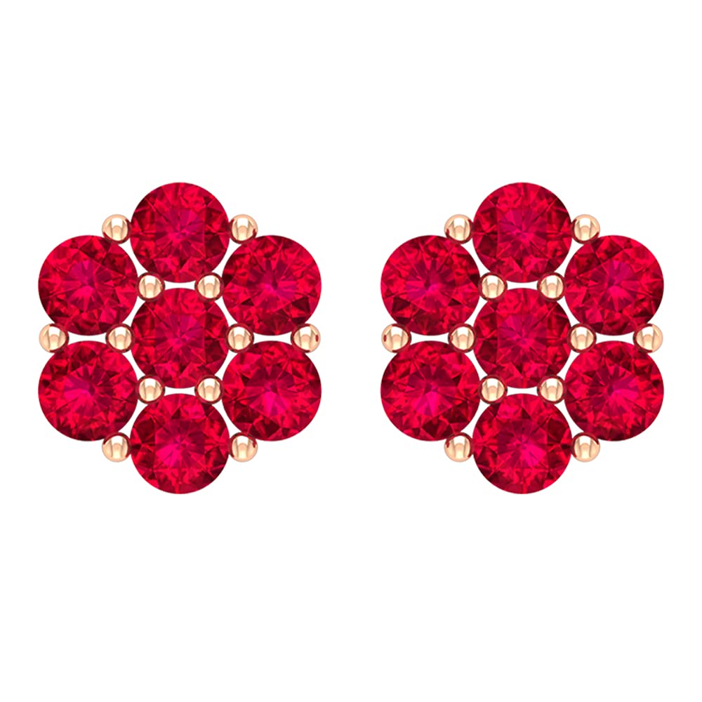 0.75 CT Ruby Stud Earrings for Women - 14K Solid Gold Floral Cluster Earrings - July Birthstone Jewelry Gift - Perfect for Weddings, Anniversaries & Special Occasions