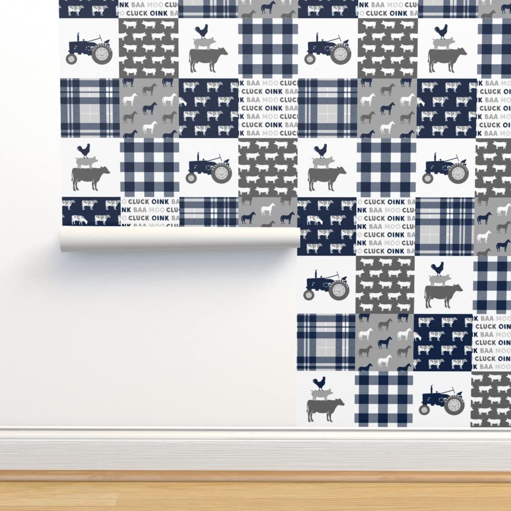 Peel & Stick Removable Wallpaper 9ft x 2ft - Farmhouse Plaid Nursery Wallpaper in Navy & Gray | Custom Self-Adhesive Wall Covering for Baby Boy Room, Tractor Themed Nursery Decor | Perfect for Kids' Rooms, Dorm Rooms & Home Offices