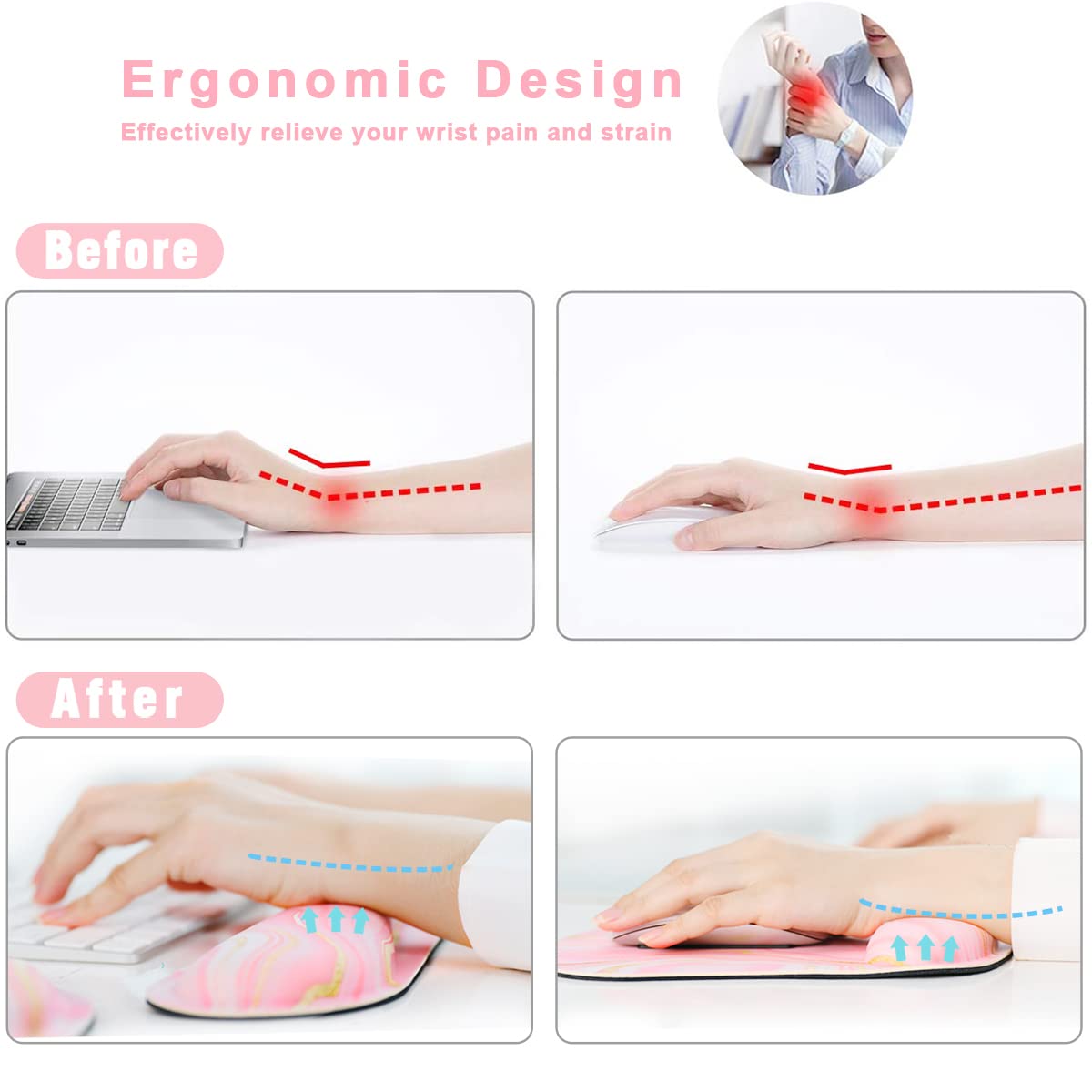 Ergonomic Keyboard & Mouse Wrist Rest Set - Memory Foam Support for Office & Gaming - Pink Fluid Design