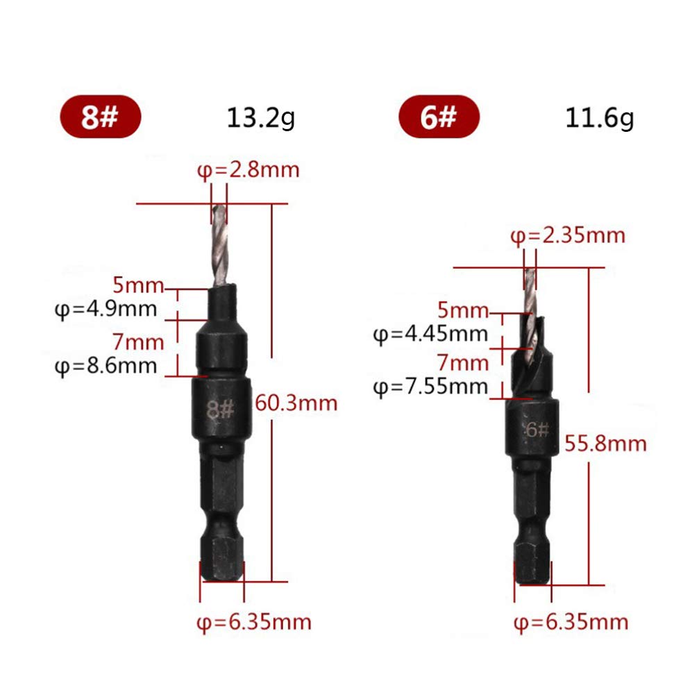 5-Piece Countersunk Head Drill Bit Set - Hex Shank Wood Hole Reamer & Countersink Drill Bits for Woodworking, DIY Projects, and Furniture Assembly