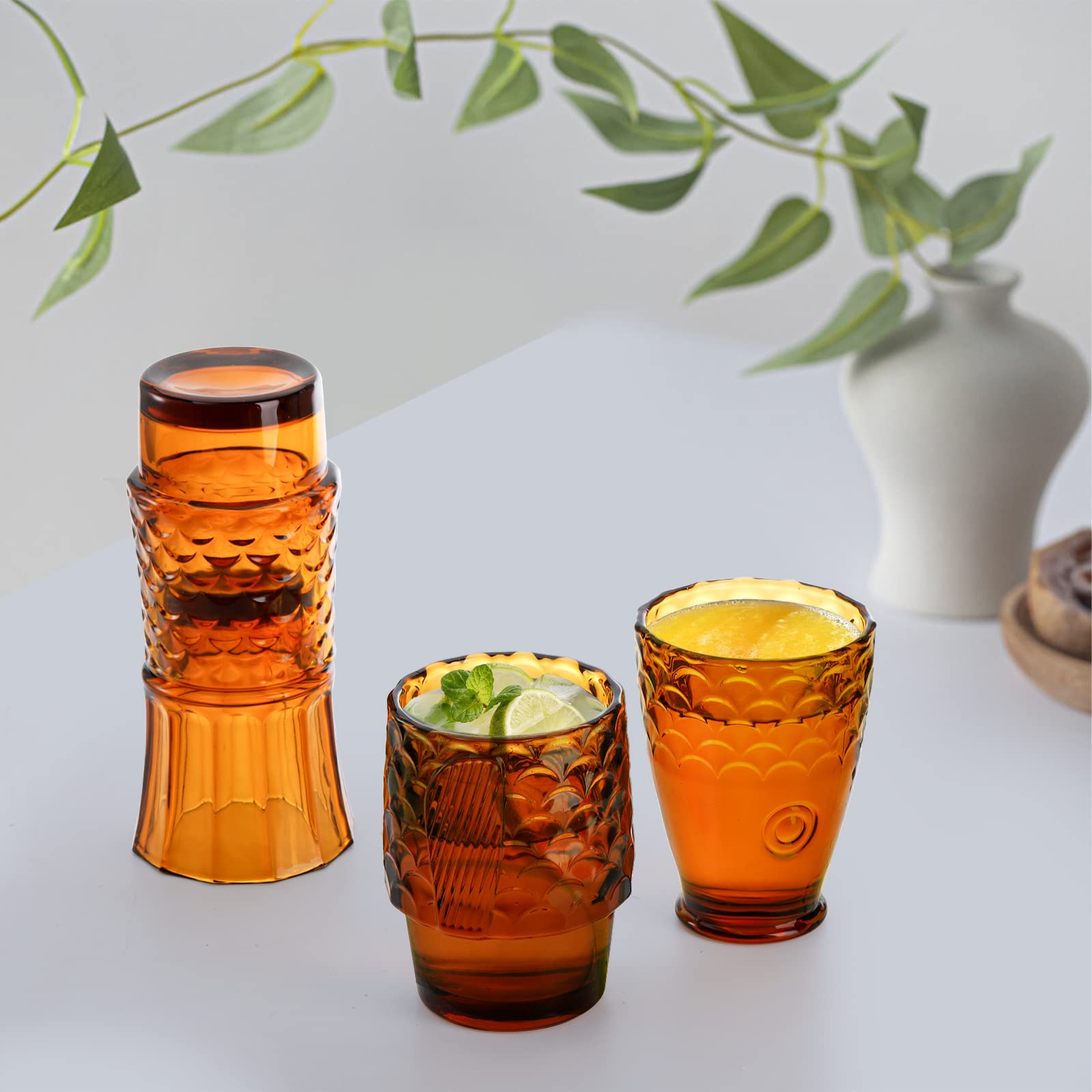 Set of 4 Koi Fish Design Stackable Amber Tumbler Glasses - 16oz Drinking Cups for Juice, Water & Beverages - Durable Nautical Glassware for Home, Party, Bar & Restaurant Use - Perfect for Iced Tea, Cocktails & Summer Drinks
