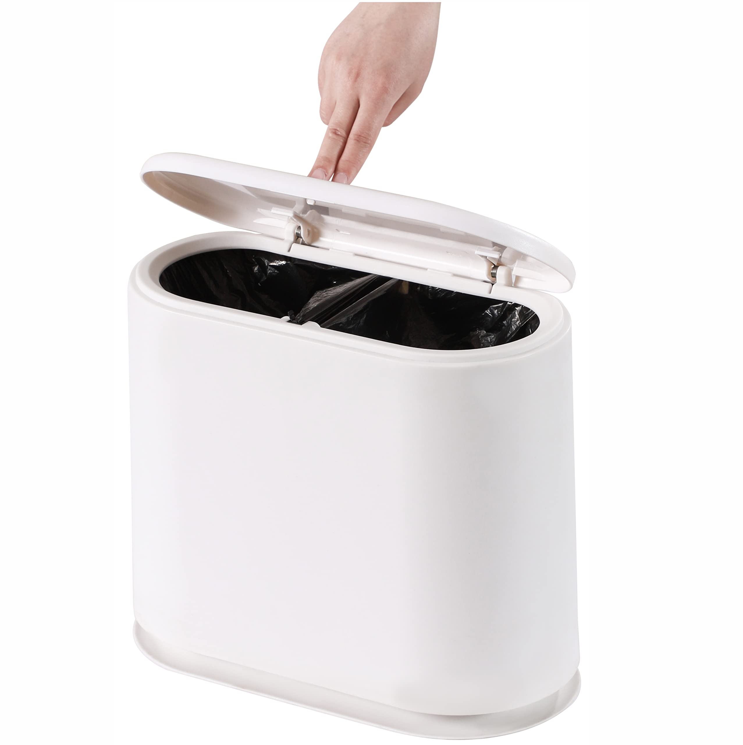 8L Slim Plastic Trash Can with Press Top Lid - 2.1 Gallon Small Narrow Garbage Bin, Dog Proof Wastebasket for Bathroom, Living Room, Bedroom, Kitchen & Office - Perfect for Small Spaces & Pet Owners (White)