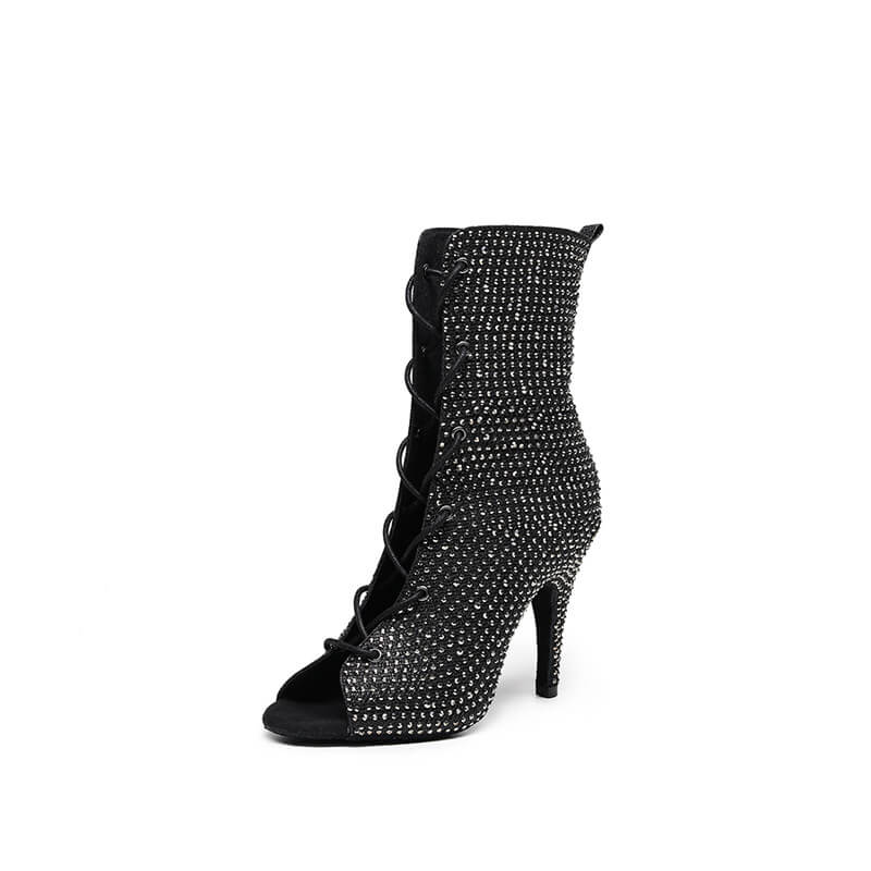 Black Crystal Embellished Lace-Up Dance Booties - Elegant Women's Ballroom Dance Shoes for Latin, Tango & Salsa - Perfect for Performances, Competitions & Dance Parties