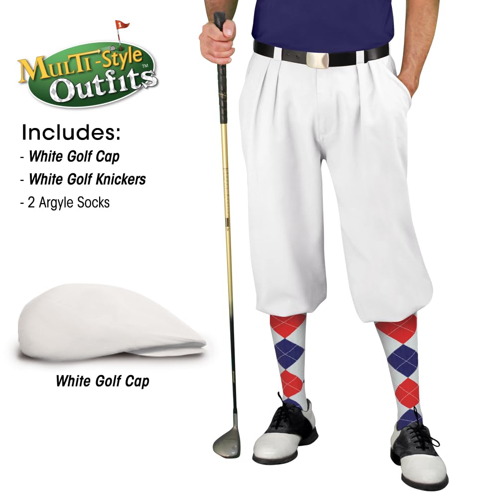 Men's Stylish White Golf Outfit Set - Matching Knickers & Cap with 2 Over-The-Calf Socks | Perfect for Golf Tournaments & Casual Wear