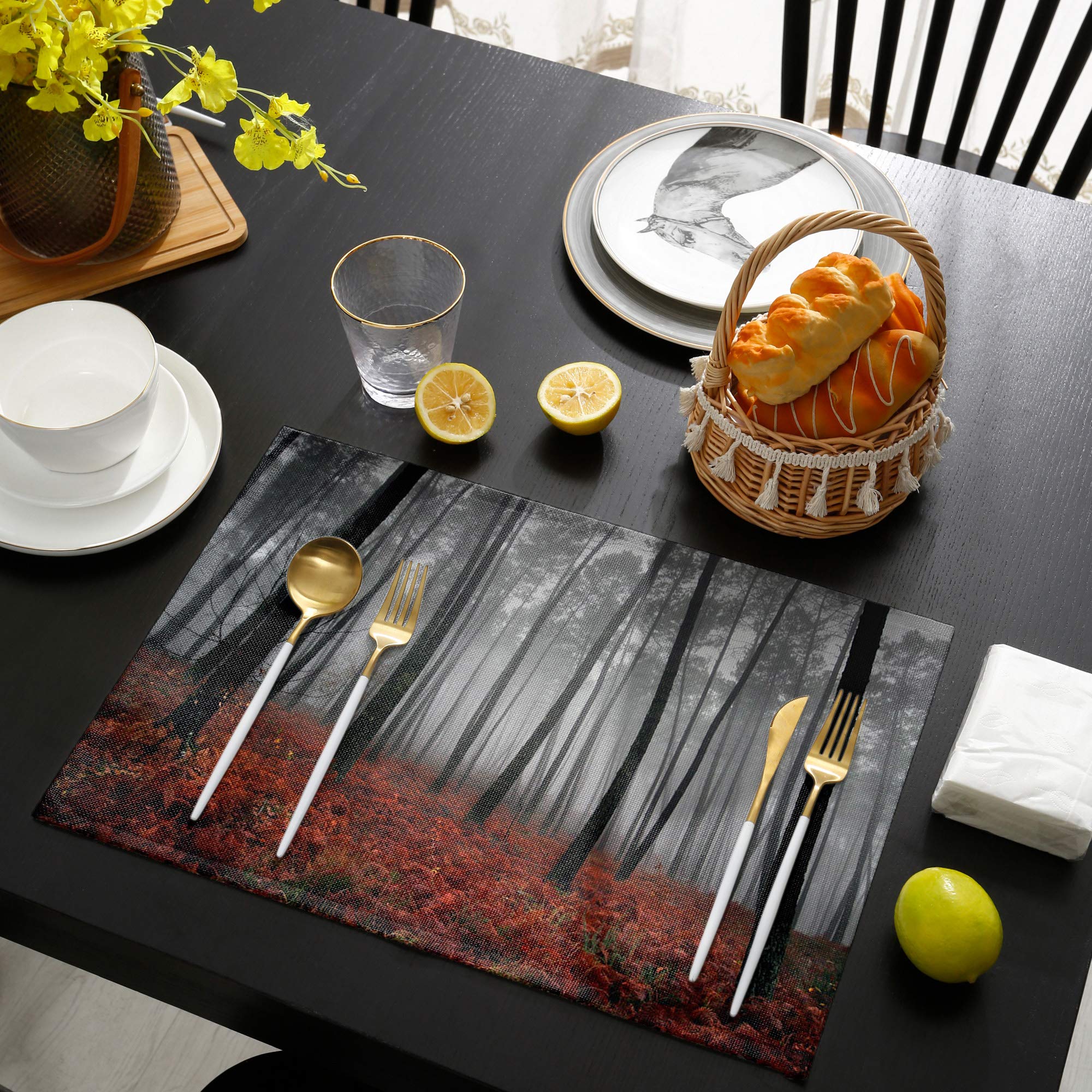 Spooky Red Maple Forest Placemats Set of 4 - Washable Modern Table Mats for Dining, Gray & Misty Scenery Design - Perfect for Home, Party, Wedding & Holiday Decor - Indoor & Outdoor Use