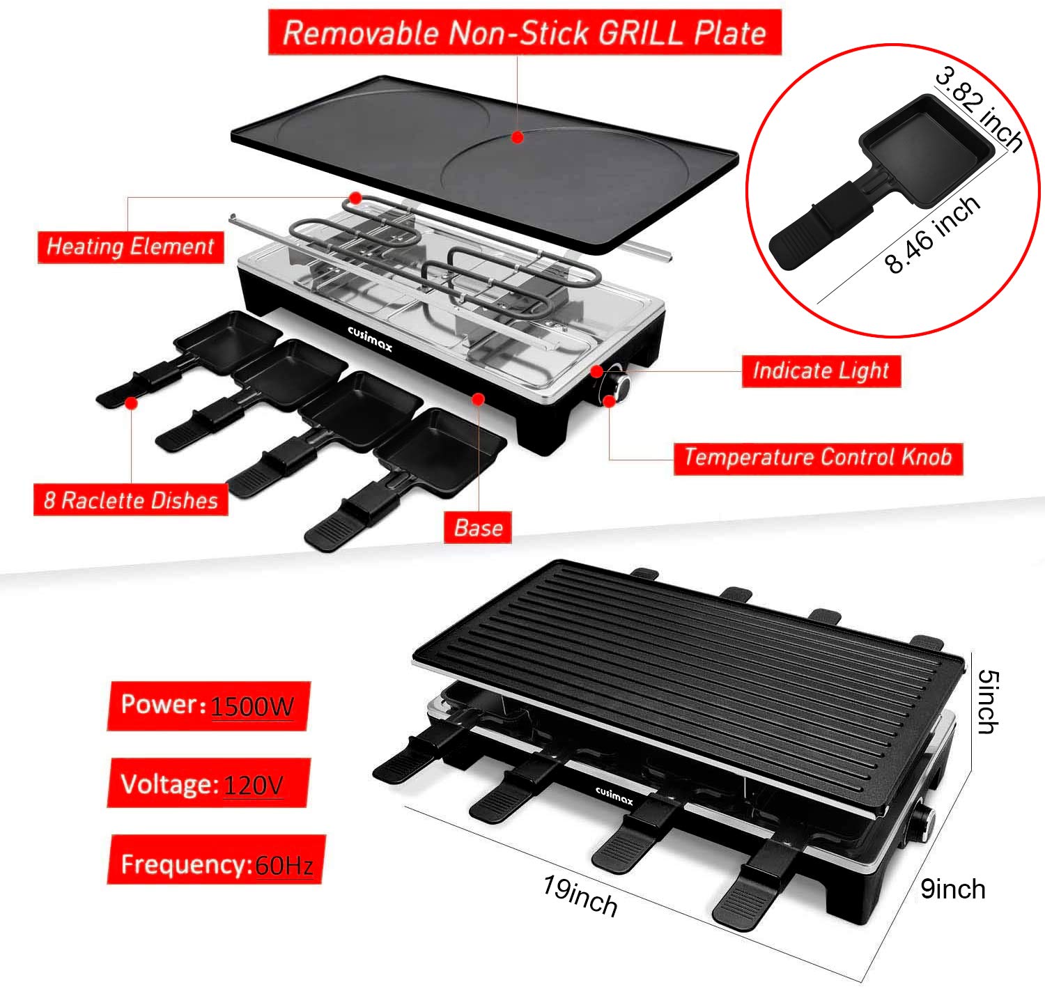 CUSIMAX Electric Raclette Grill & Korean BBQ - 2-in-1 Portable Tabletop Grill with Reversible Non-Stick Plates, Adjustable Temperature Control & 8 Paddles - Perfect for Indoor Parties, Cheese Melting & Crepe Making